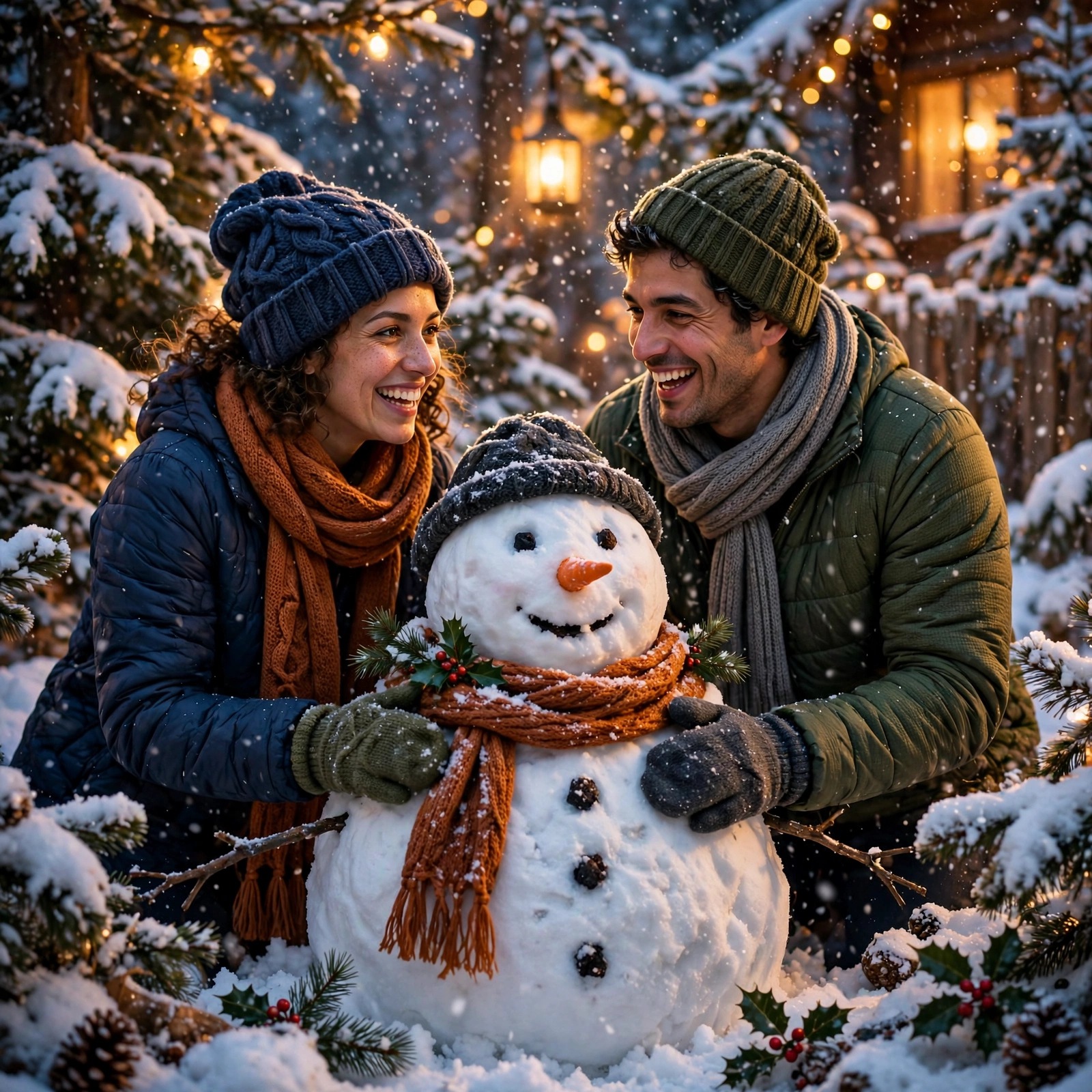Friends Building a Snowman in Falling Snow