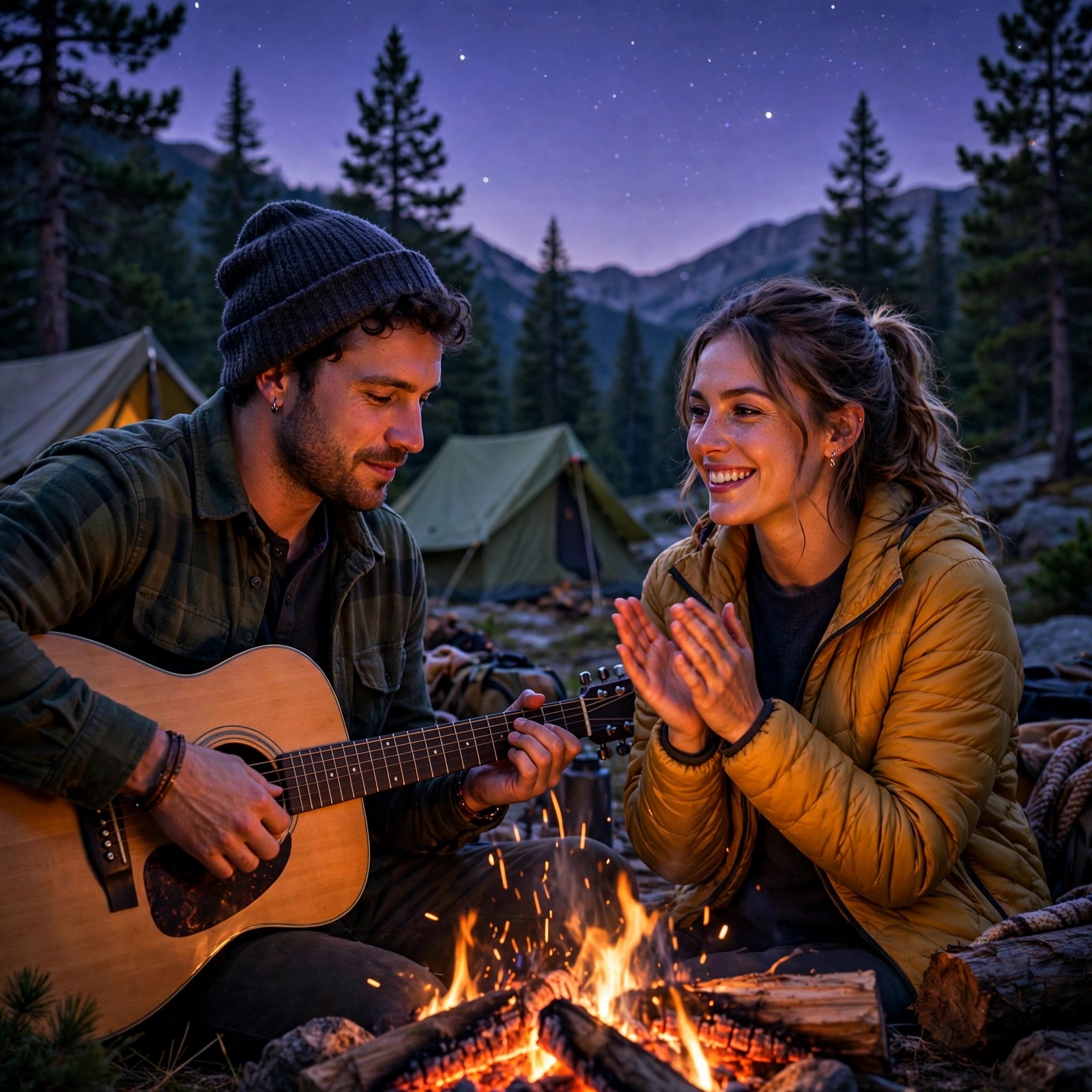 One friend plays guitar while the other claps along beside a crackling campfire under a starry mountain sky.