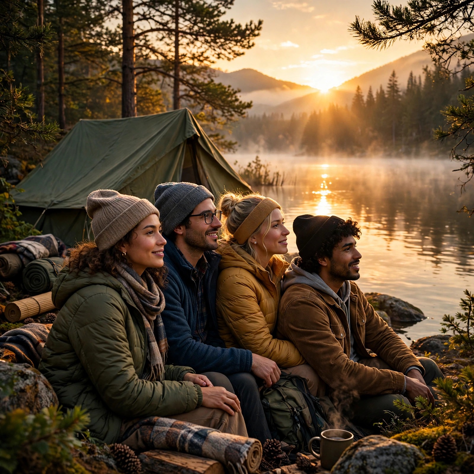 Friends at a Lakeside Campsite Sunrise