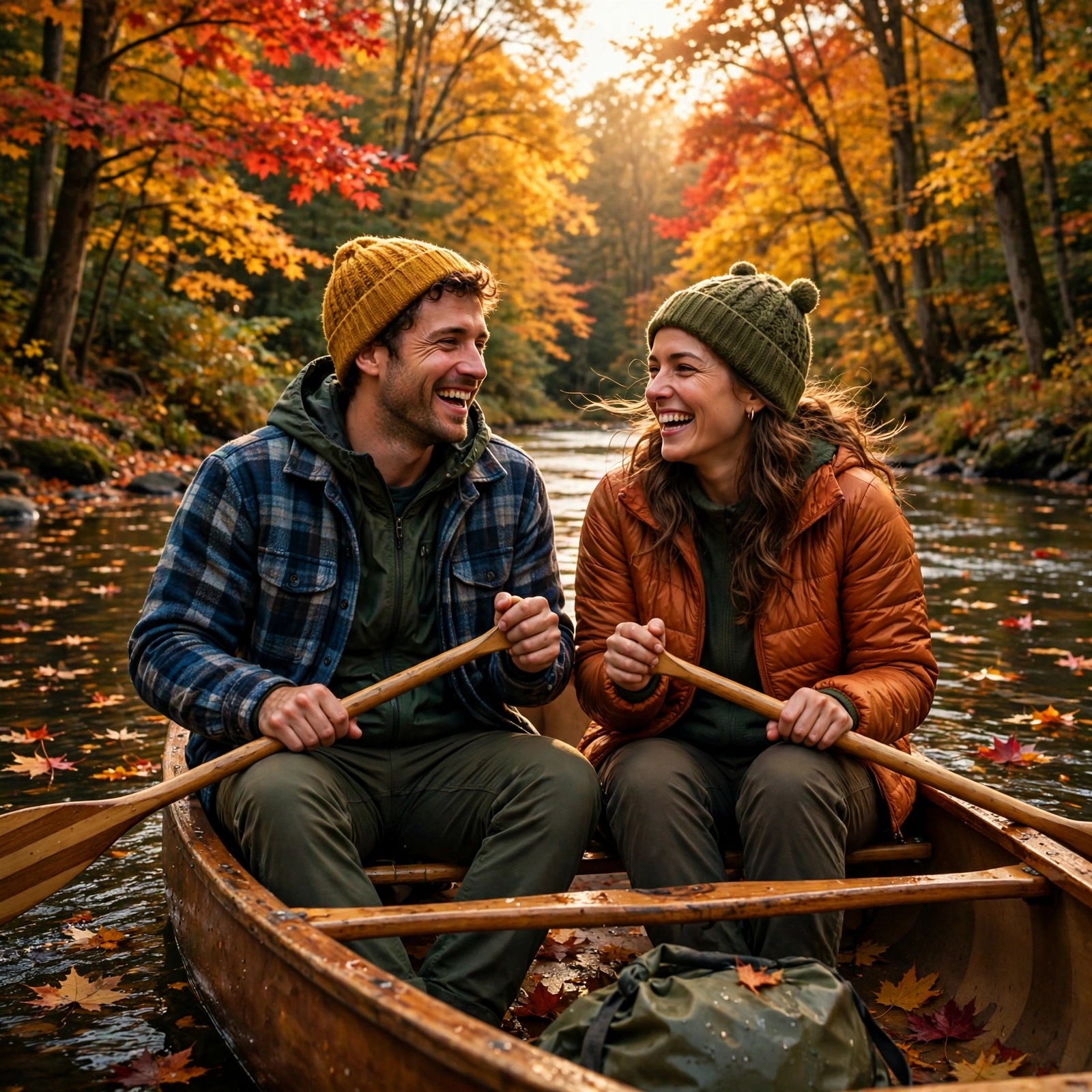 Two friends canoeing on an autumn river