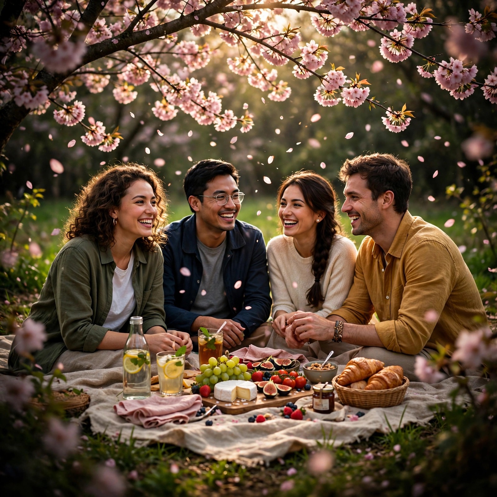 Friends at a Cherry Blossom Picnic