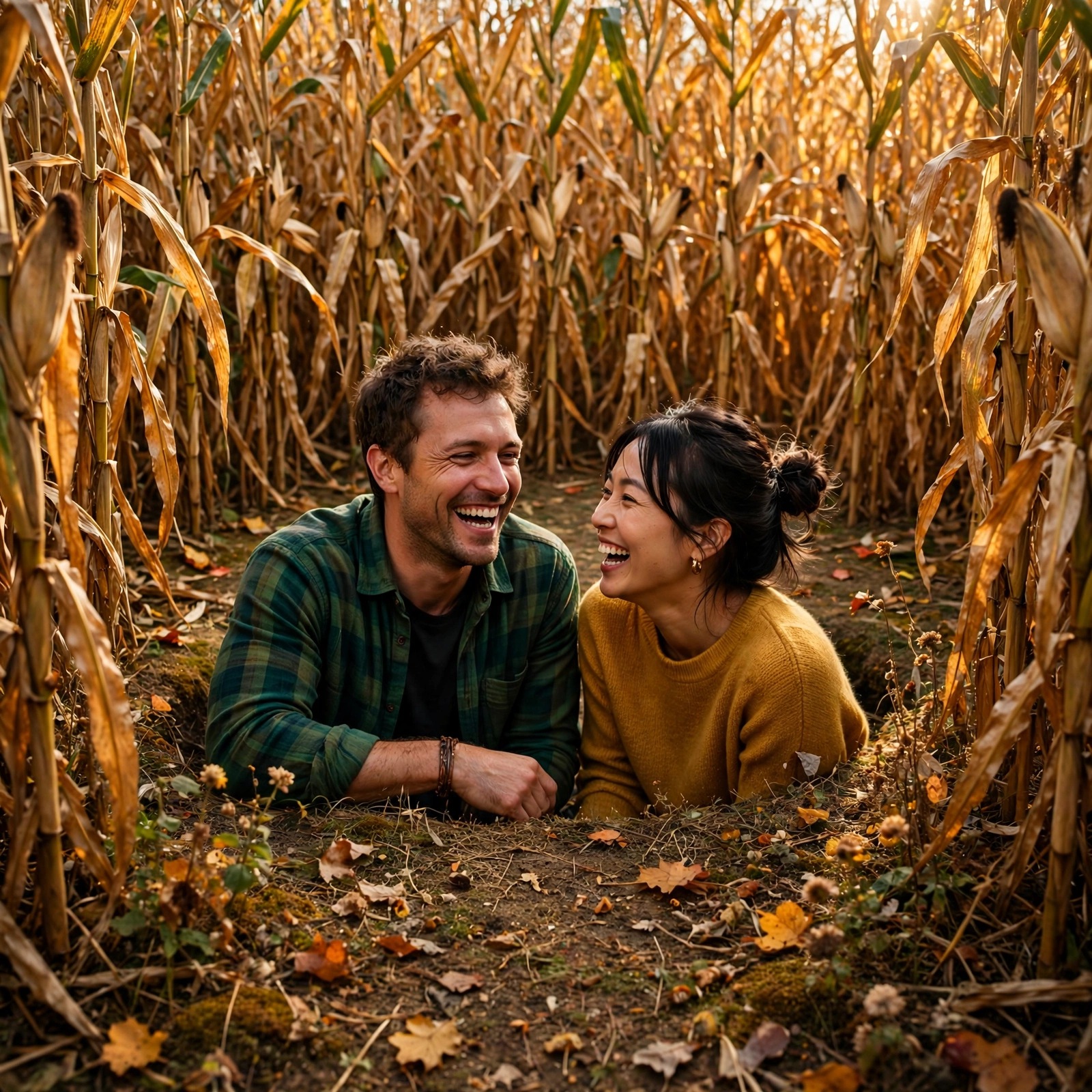 Friends Laughing in Autumn Corn Maze