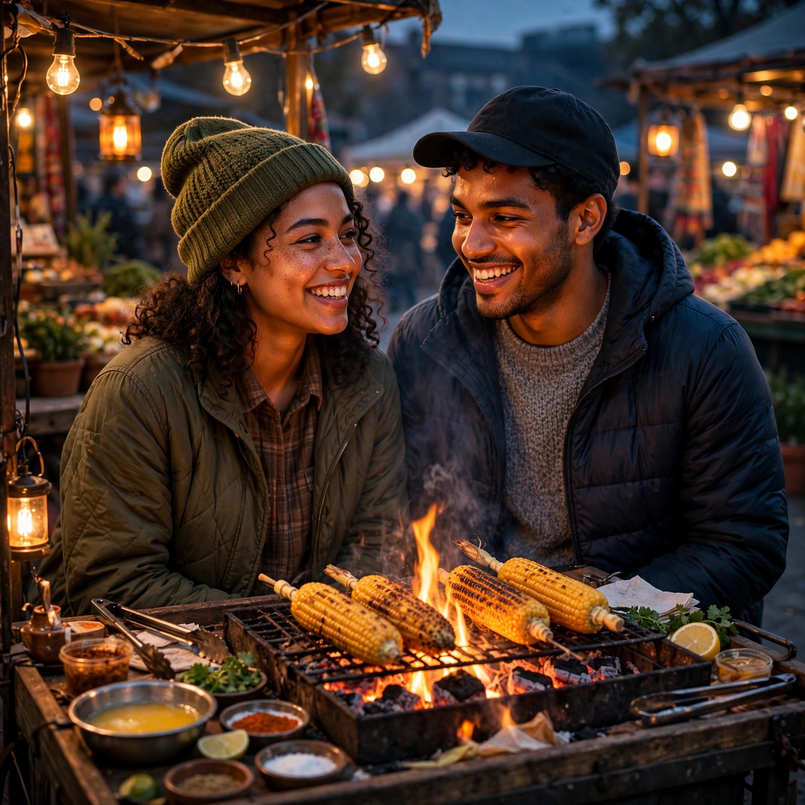 Two friends roasting corn over a glowing street vendor cart at dusk, friendship WhatsApp DP