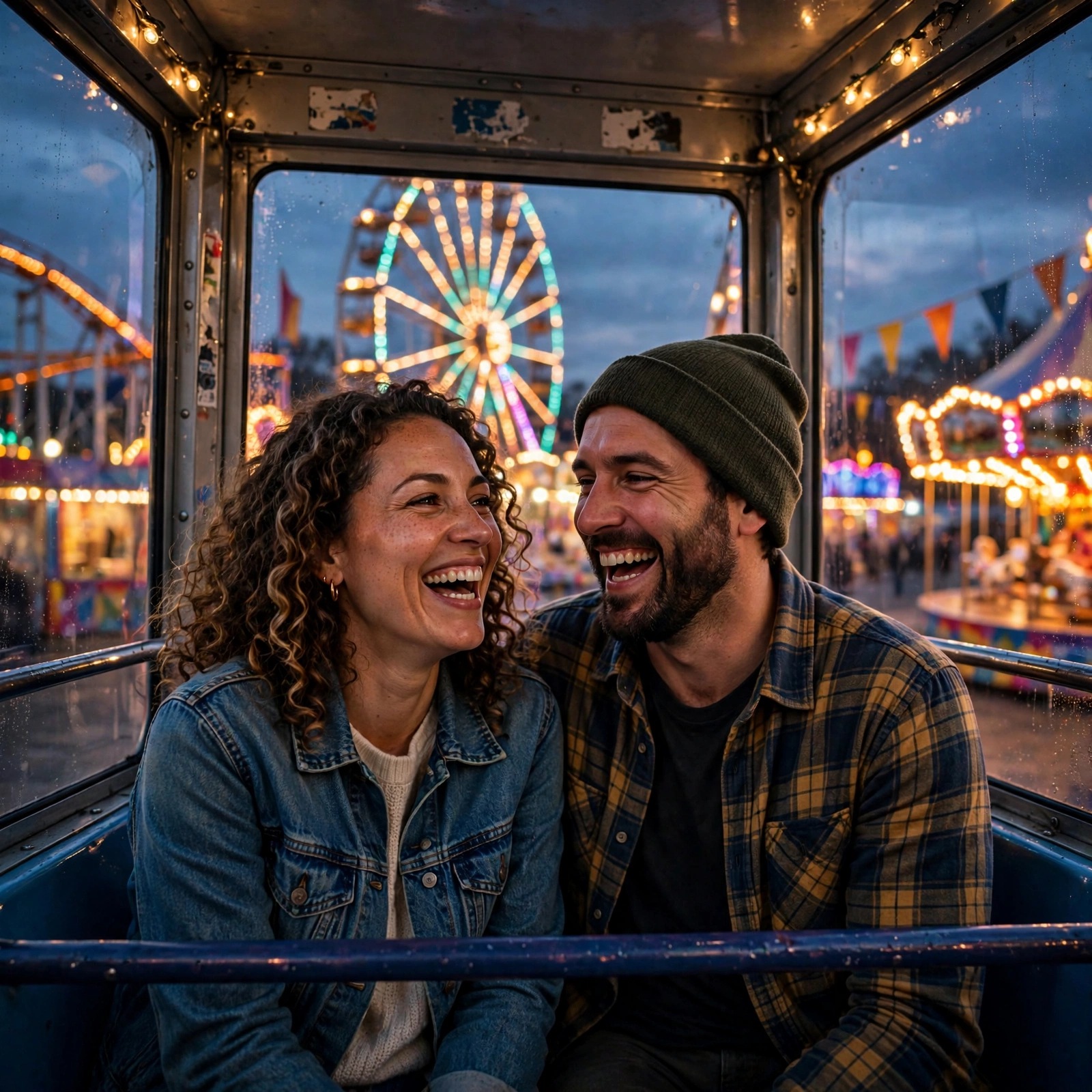 Two friends laughing together in a Ferris wheel cabin at a dusk fair