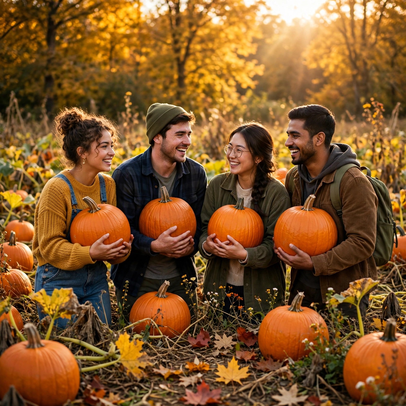 Friends Harvesting a Pumpkin Patch