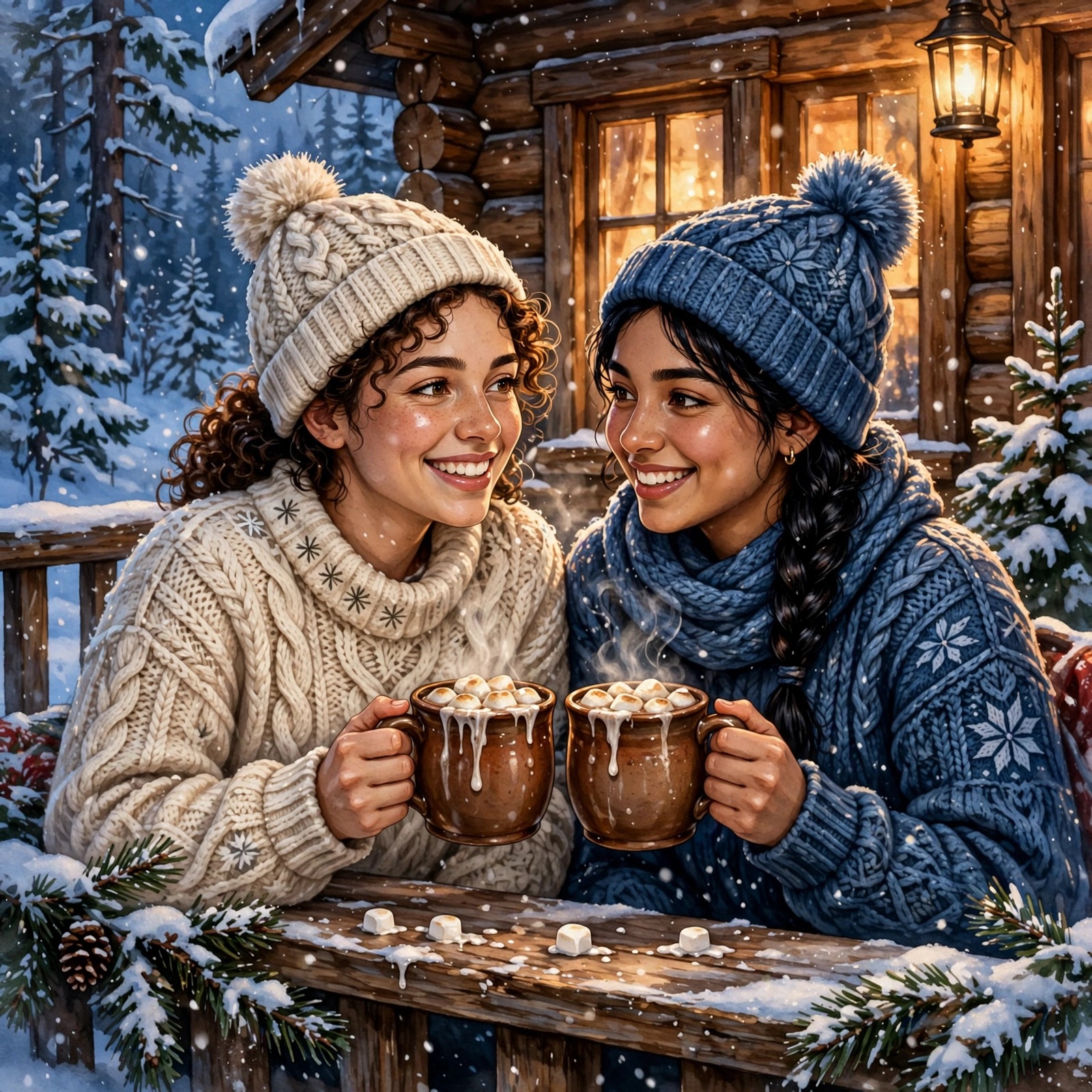 friends sharing hot cocoa on snowy cabin porch friendship dp