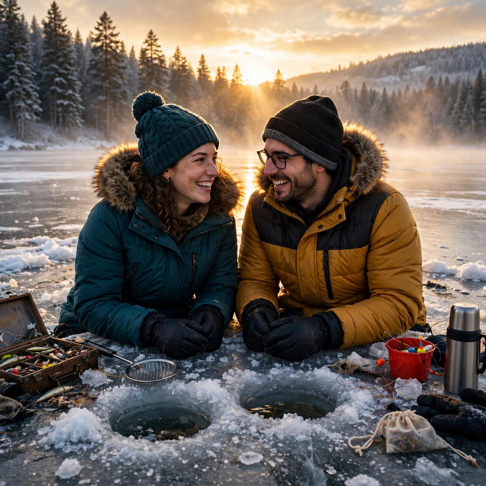 Friends Ice Fishing on Frozen Lake