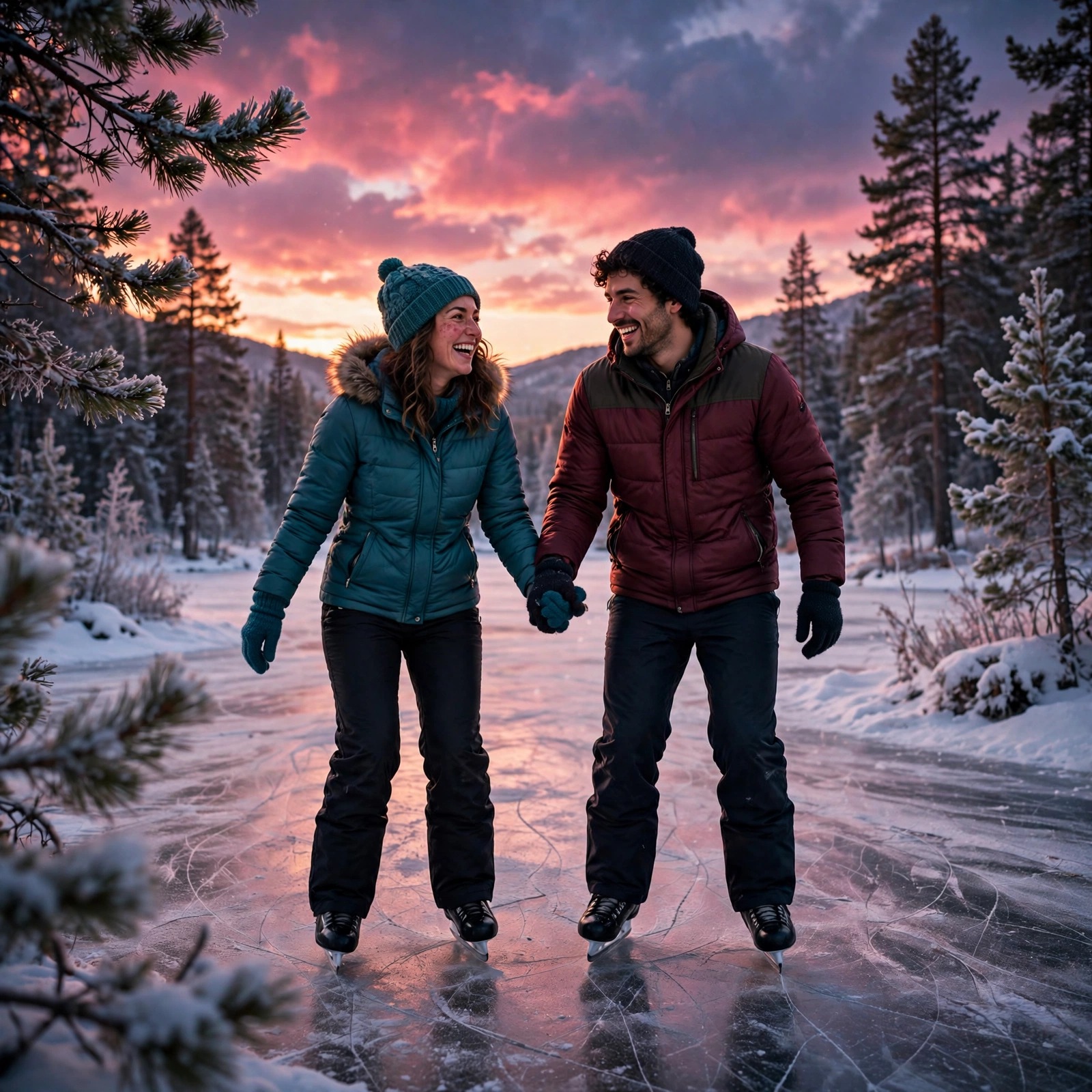 Two friends ice-skating hand in hand on a frozen lake at dusk