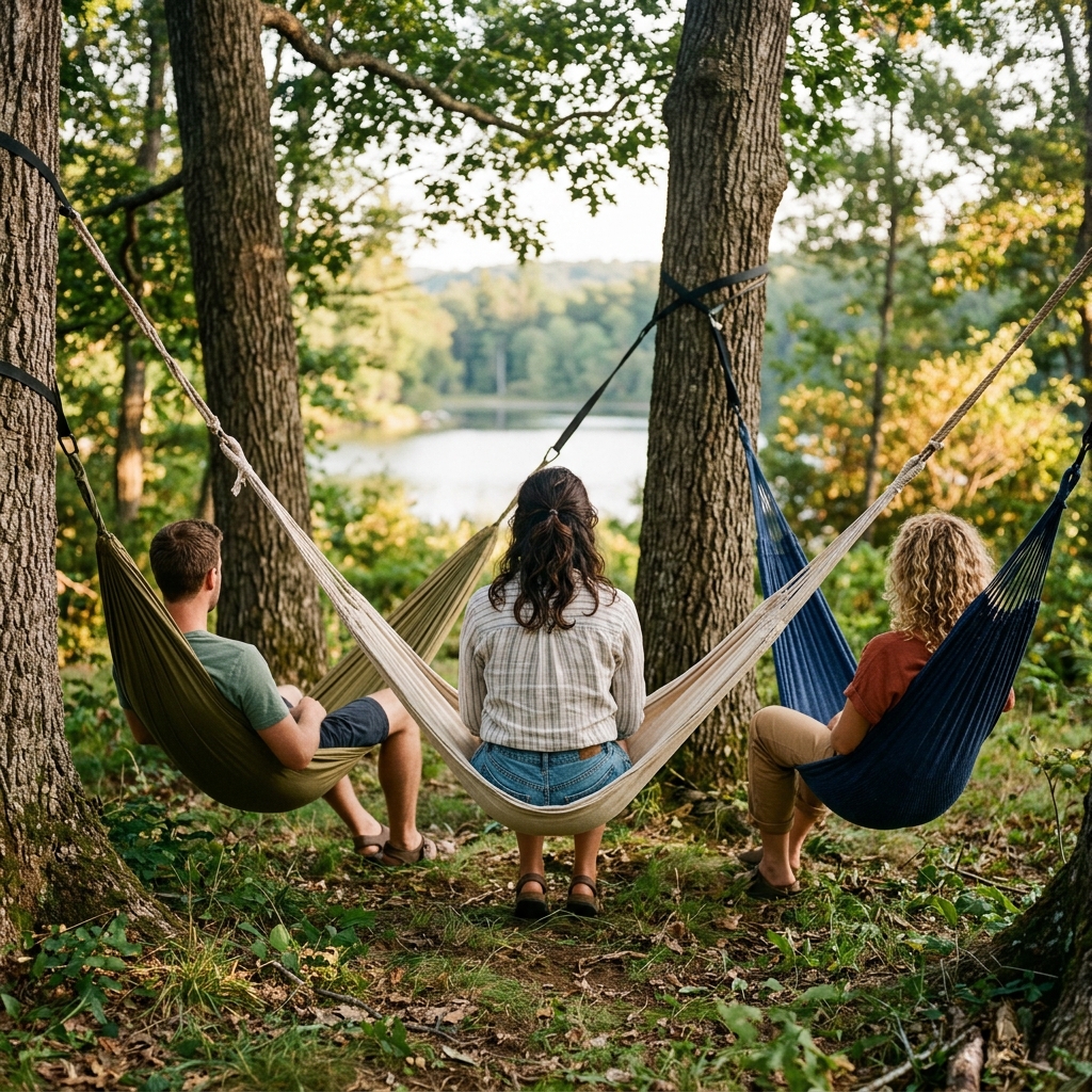 Three friends relax in separate low hammocks among lakeside park trees