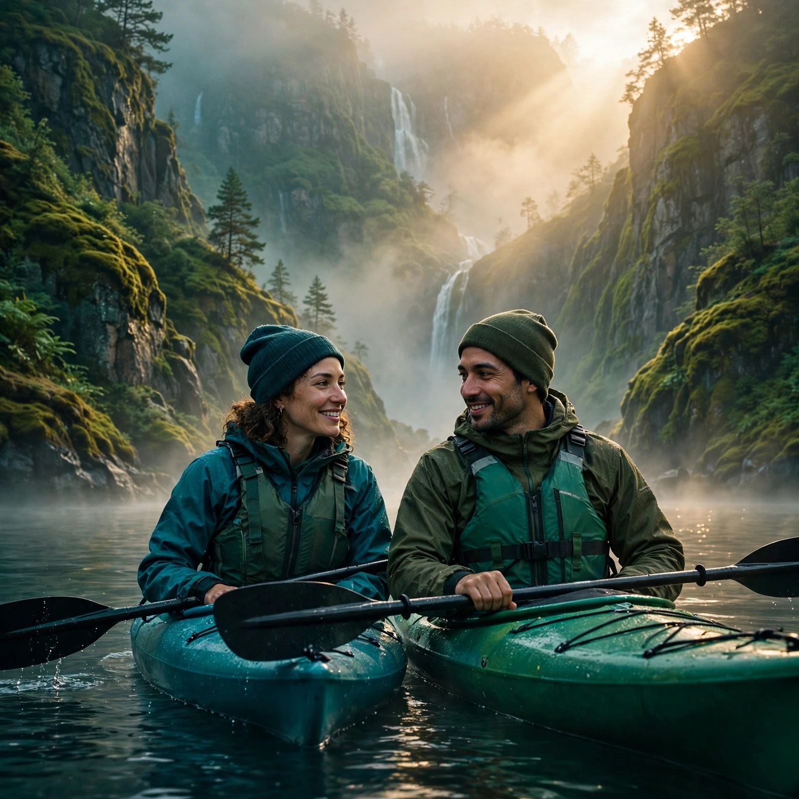 Two friends paddle kayaks side by side through a misty fjord at dawn, waterfalls and green cliffs all around.