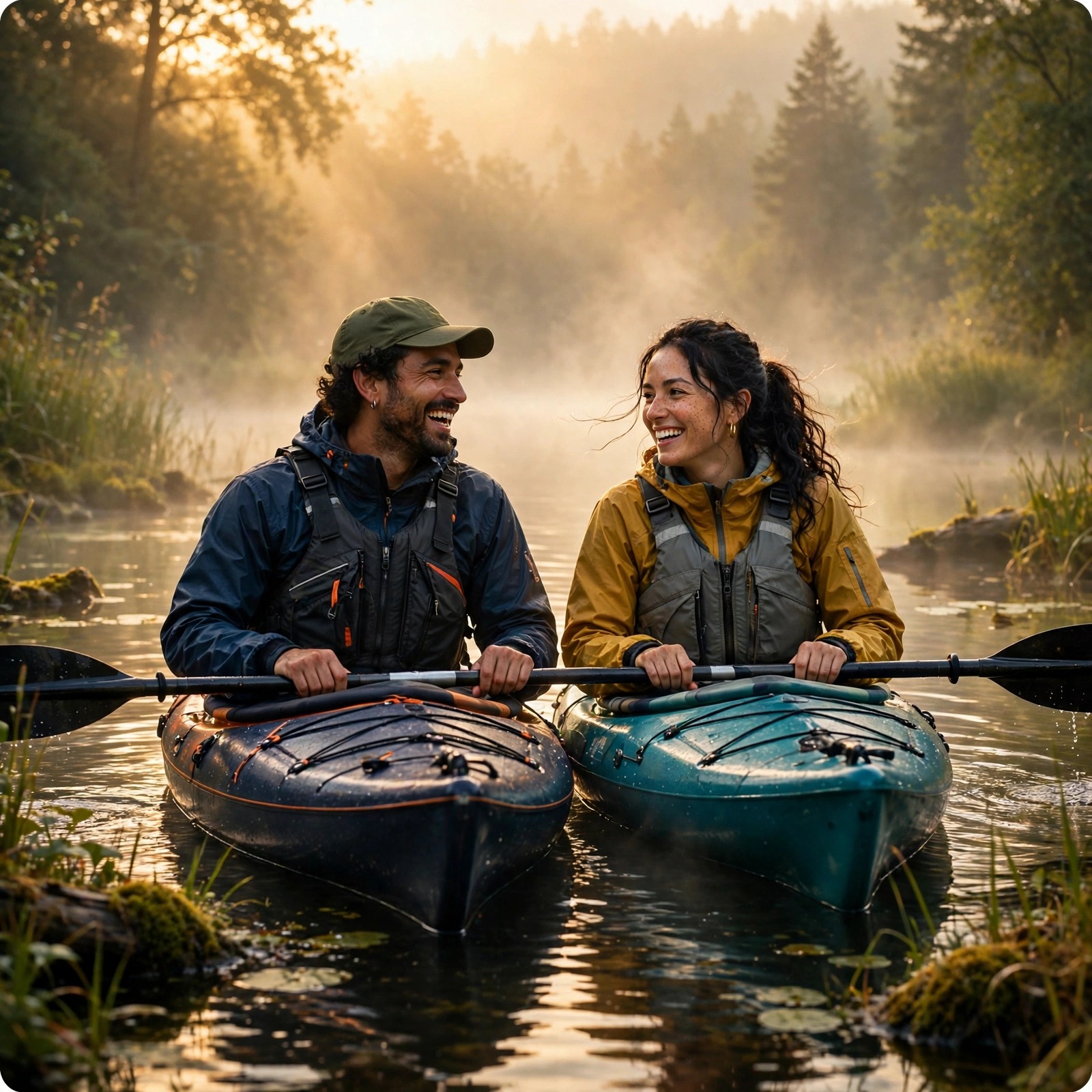 Two friends kayaking on a misty lake