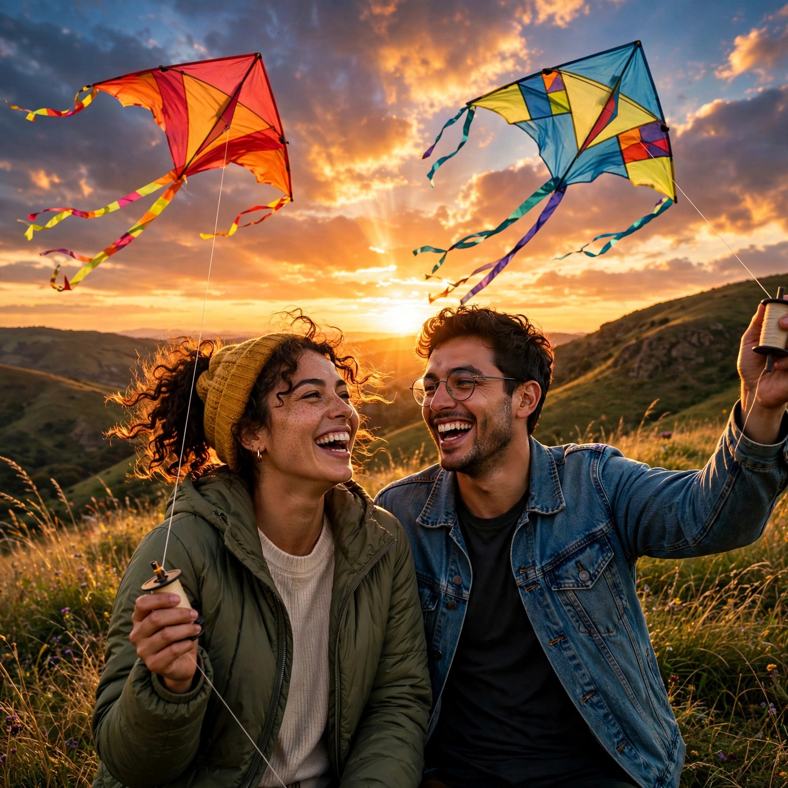 Two friends flying colorful kites on a hilltop at sunset, golden hour friendship DP