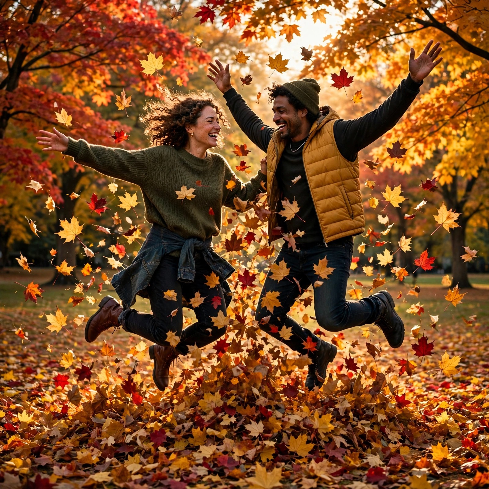 Two friends leap joyfully into a huge pile of golden and crimson autumn leaves, leaves flying all around them.