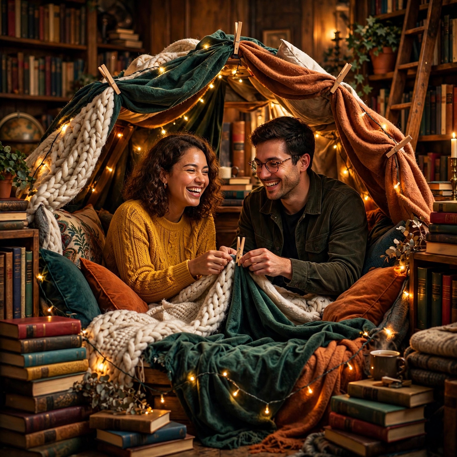 Two friends in a library reading fort profile picture