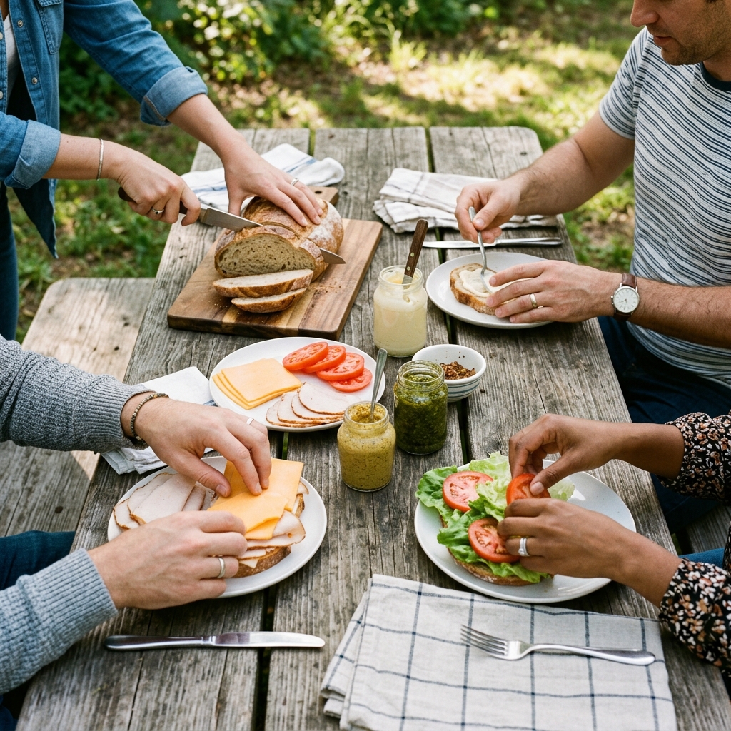 Friends prepare sandwiches together at a wooden picnic table