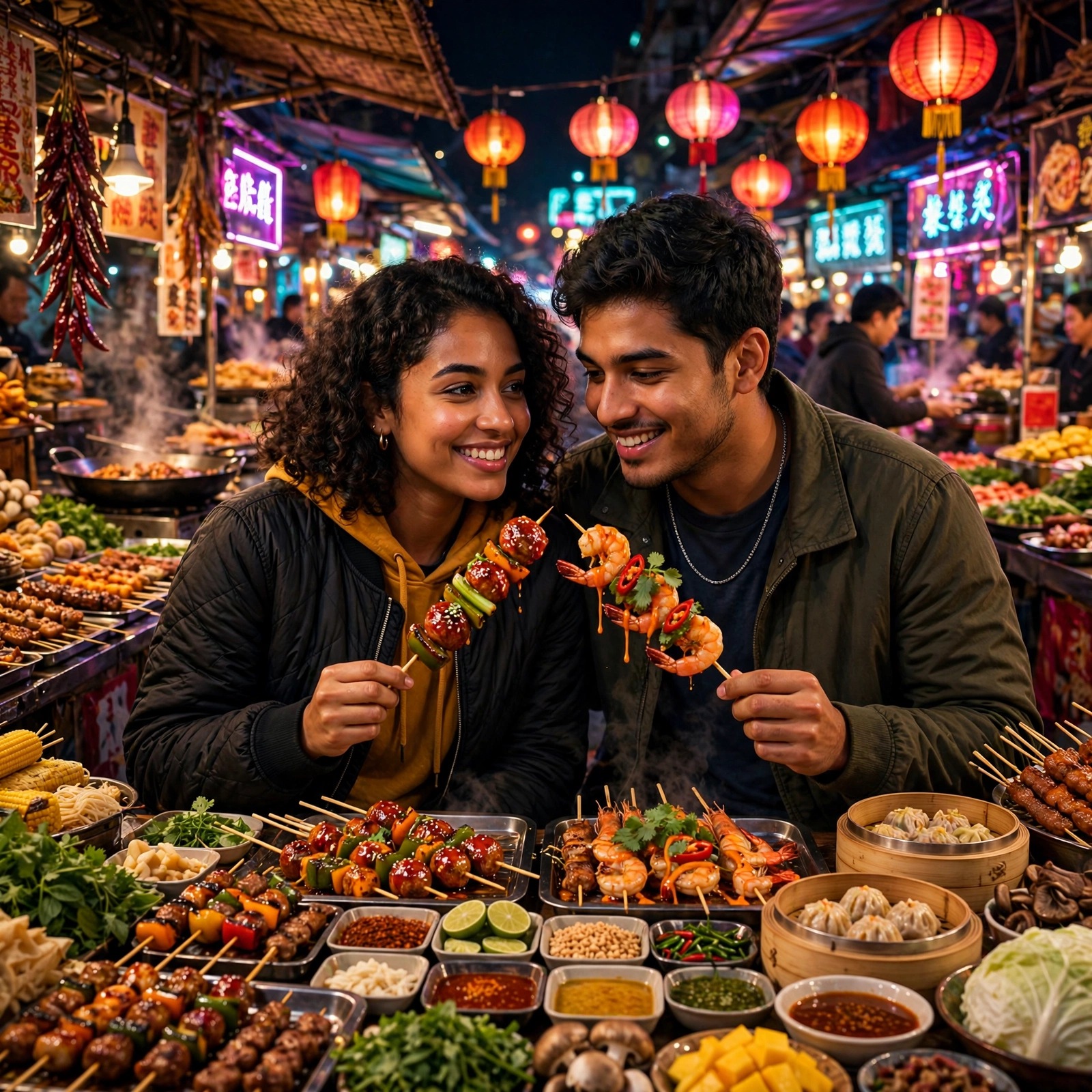 Friends Sharing Street Food at Night Market