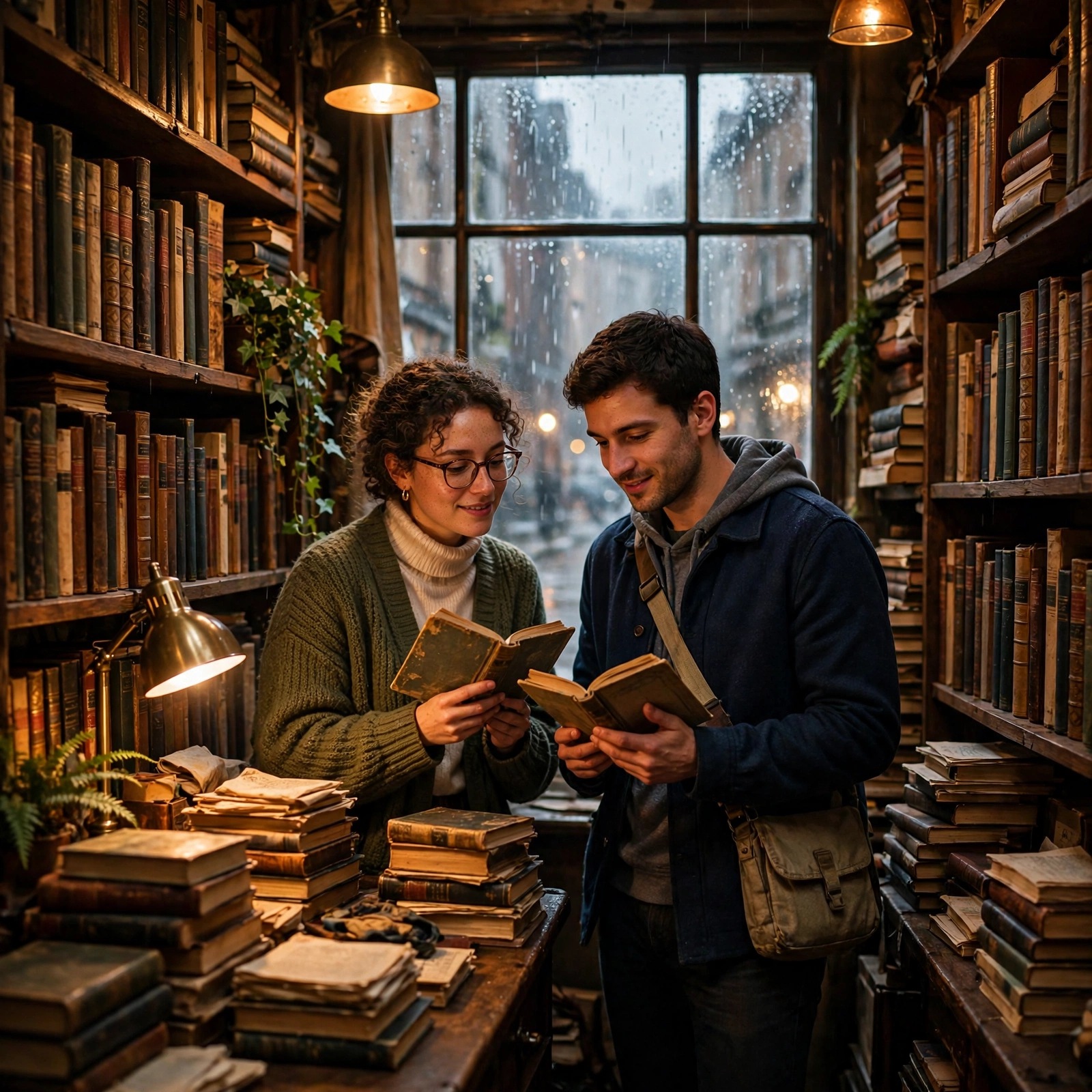 Friends in an Old Bookshop on a Rainy Day