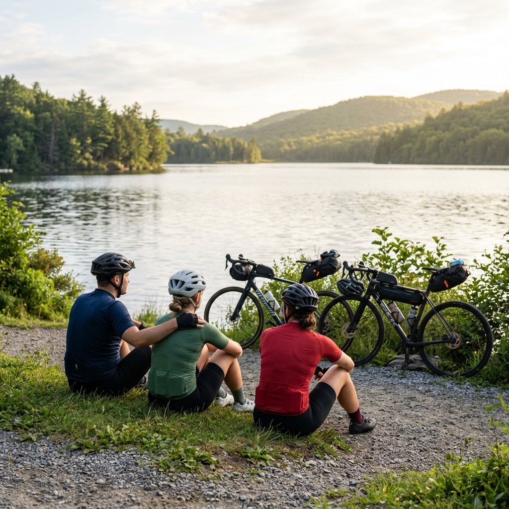 Three helmeted cycling friends rest beside a lake with parked bicycles
