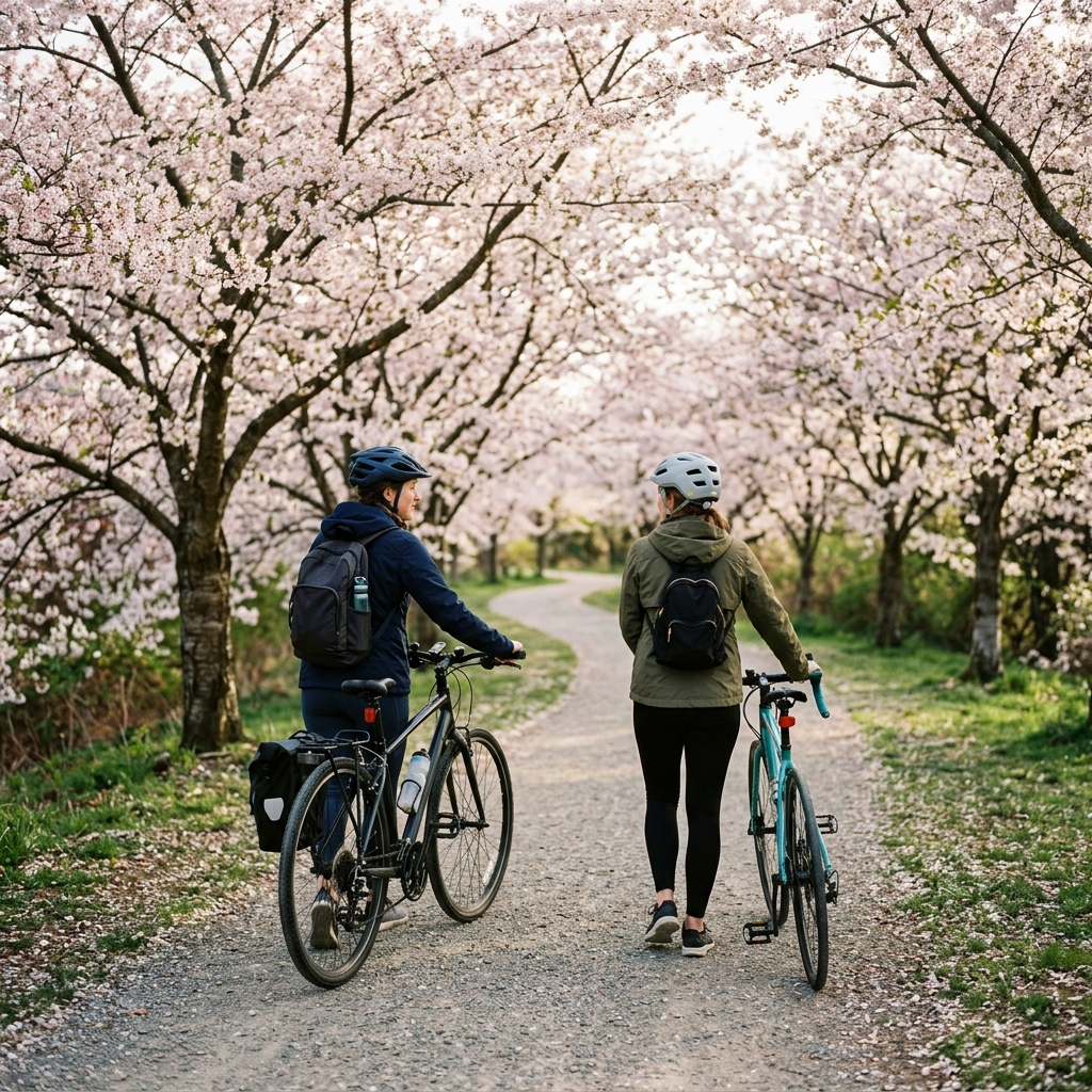 Two friends walk their bicycles beneath spring blossoms