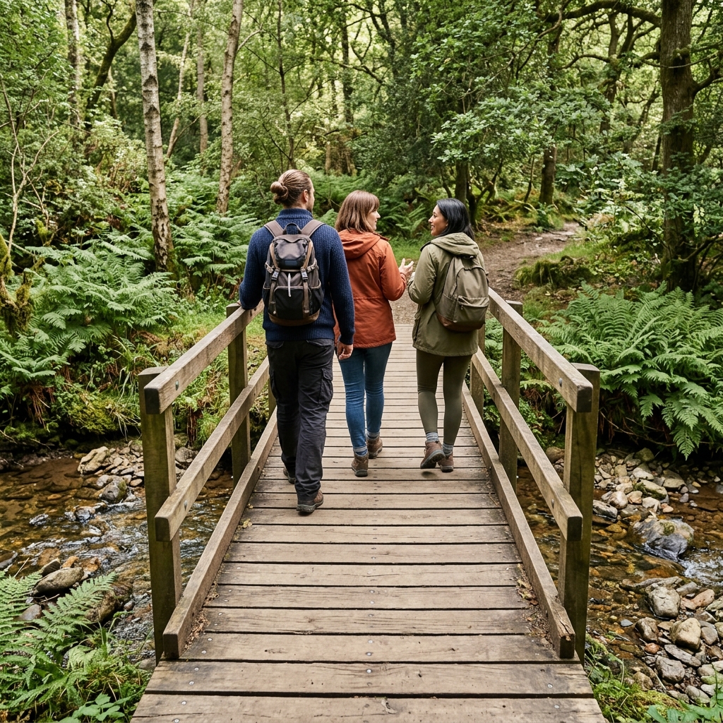 Three friends cross a wooden footbridge in a lush green forest
