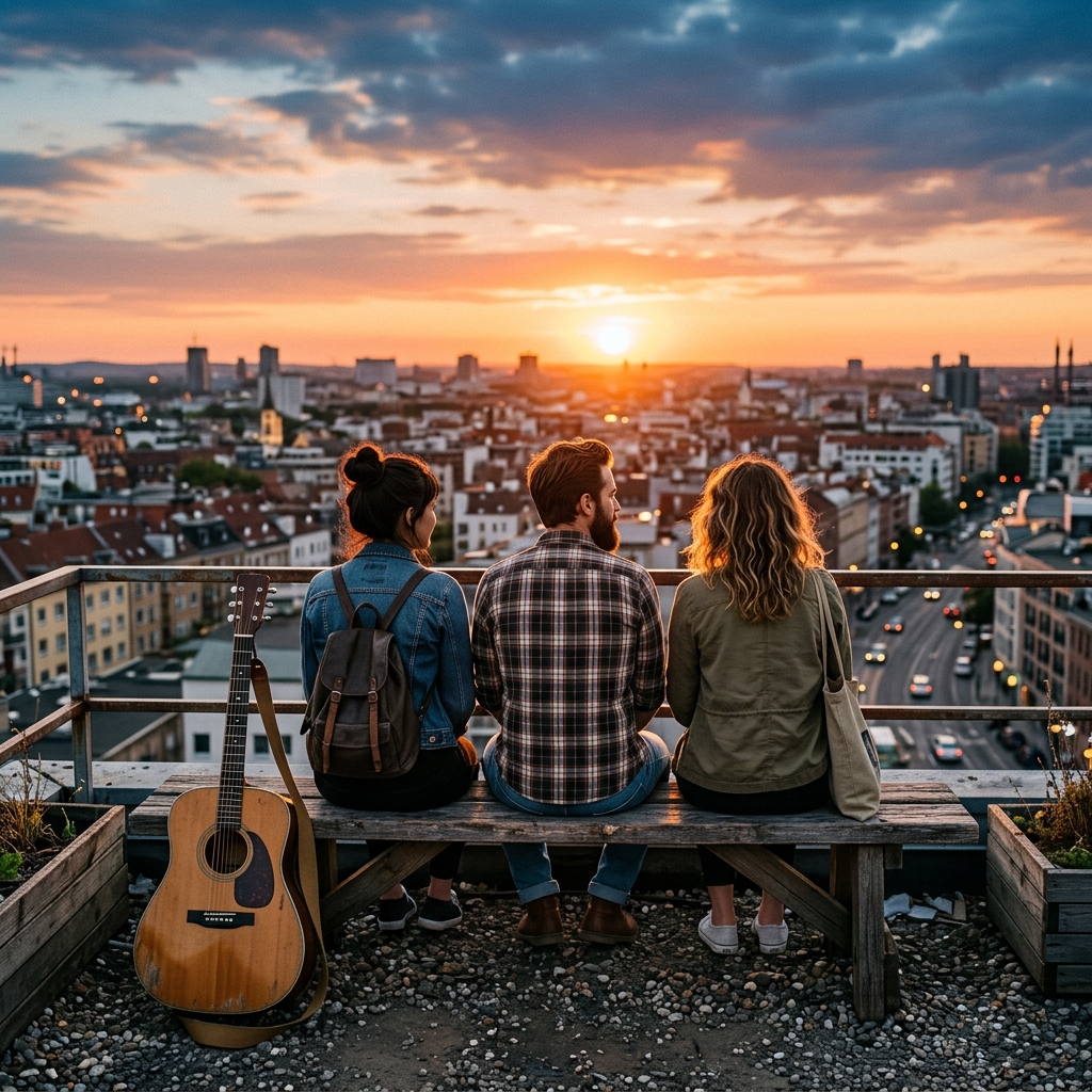 Three friends sit on a rooftop bench with a guitar and sunset city views