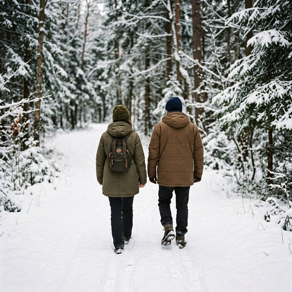 Two friends in winter coats walk along a snowy forest path