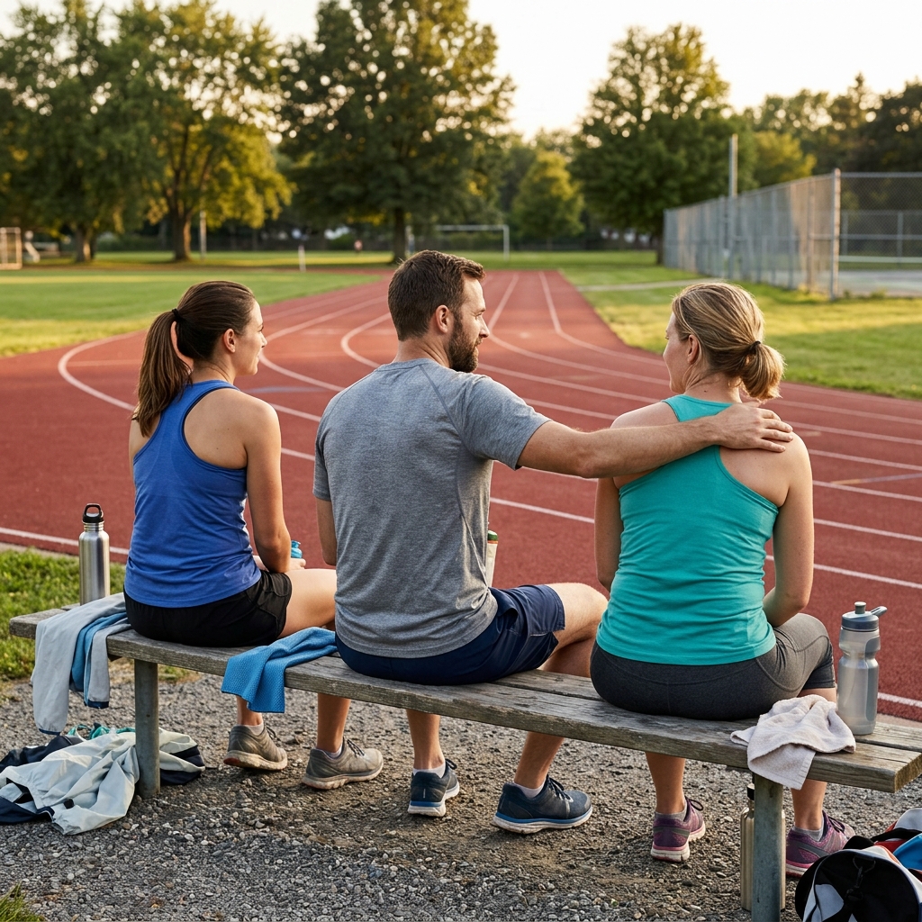Three friends rest on a trackside bench after a running session
