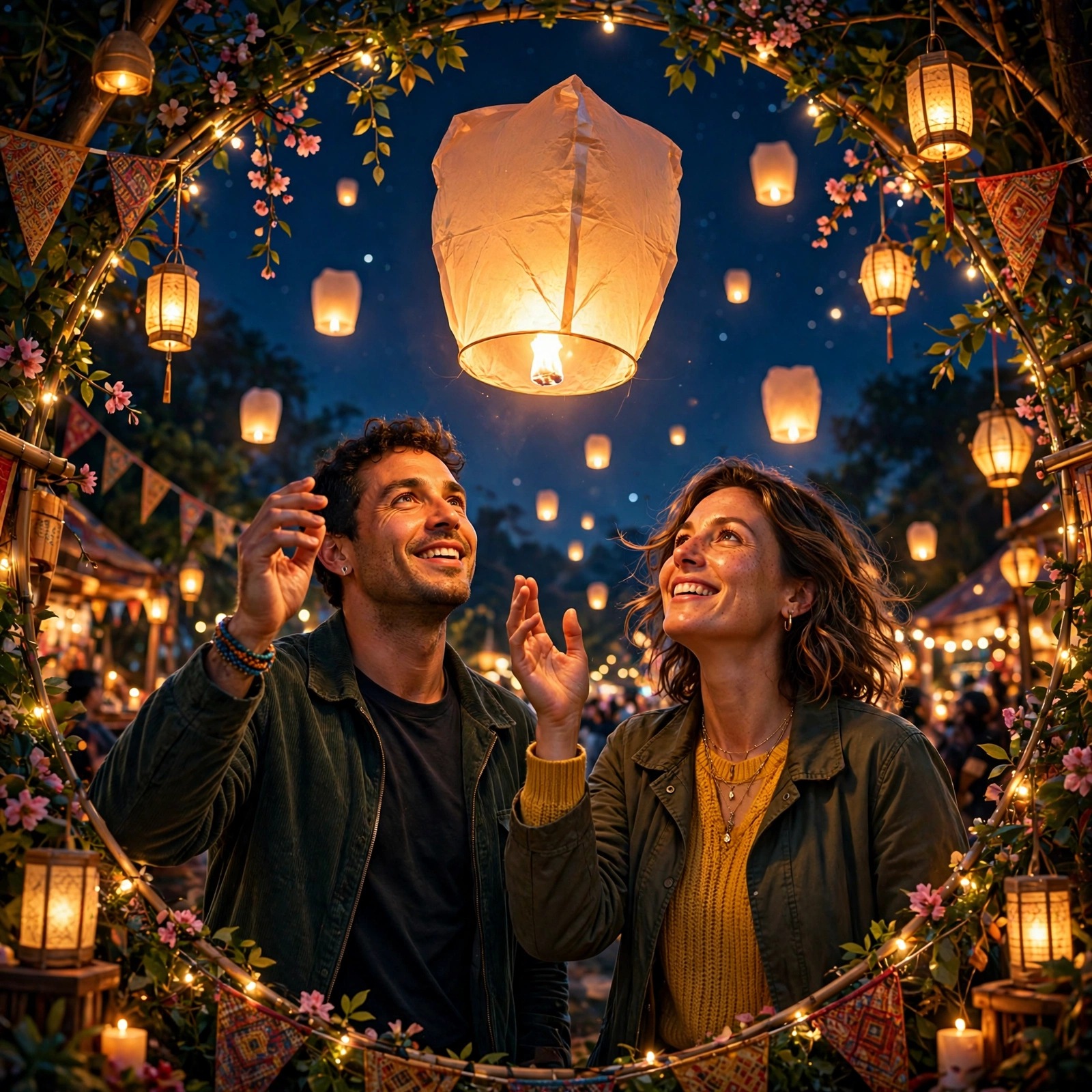 Friends Releasing Paper Lanterns at Festival