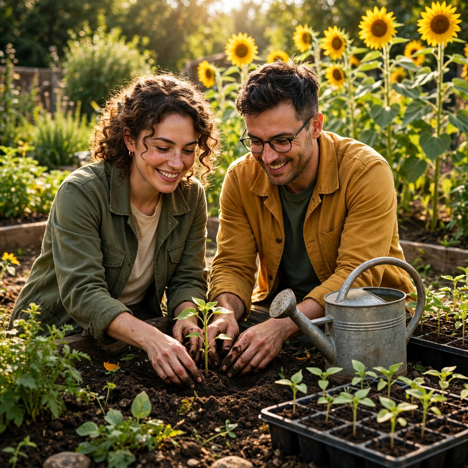 Two friends plant sunflower seedlings together in a sunny garden, hands in the soil beside a watering can.