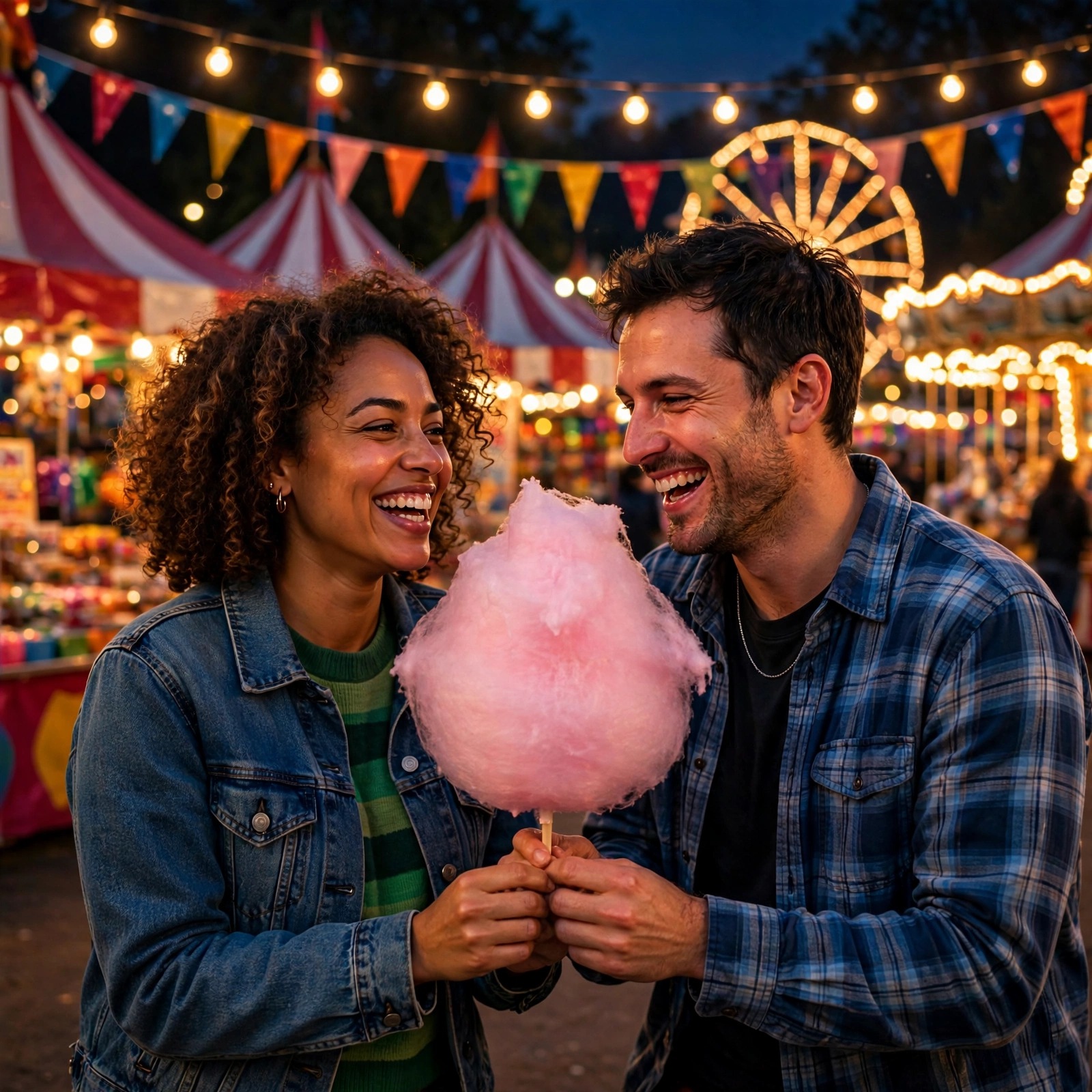 Two friends sharing a giant pink candyfloss at a carnival