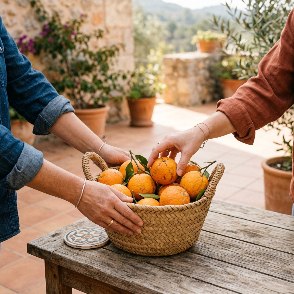 Friends share a basket of fresh oranges on a sunny terrace