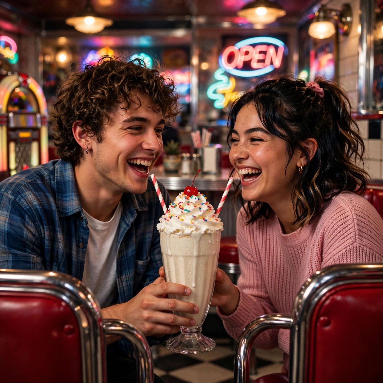 Two friends sharing a giant milkshake with two straws at a retro 1950s diner with neon signs