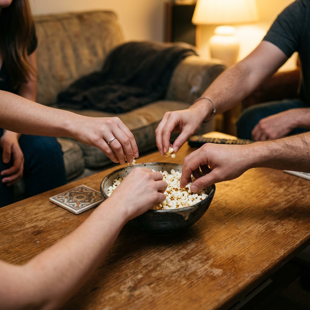 Friends reach into a shared bowl of popcorn at a cozy sofa table