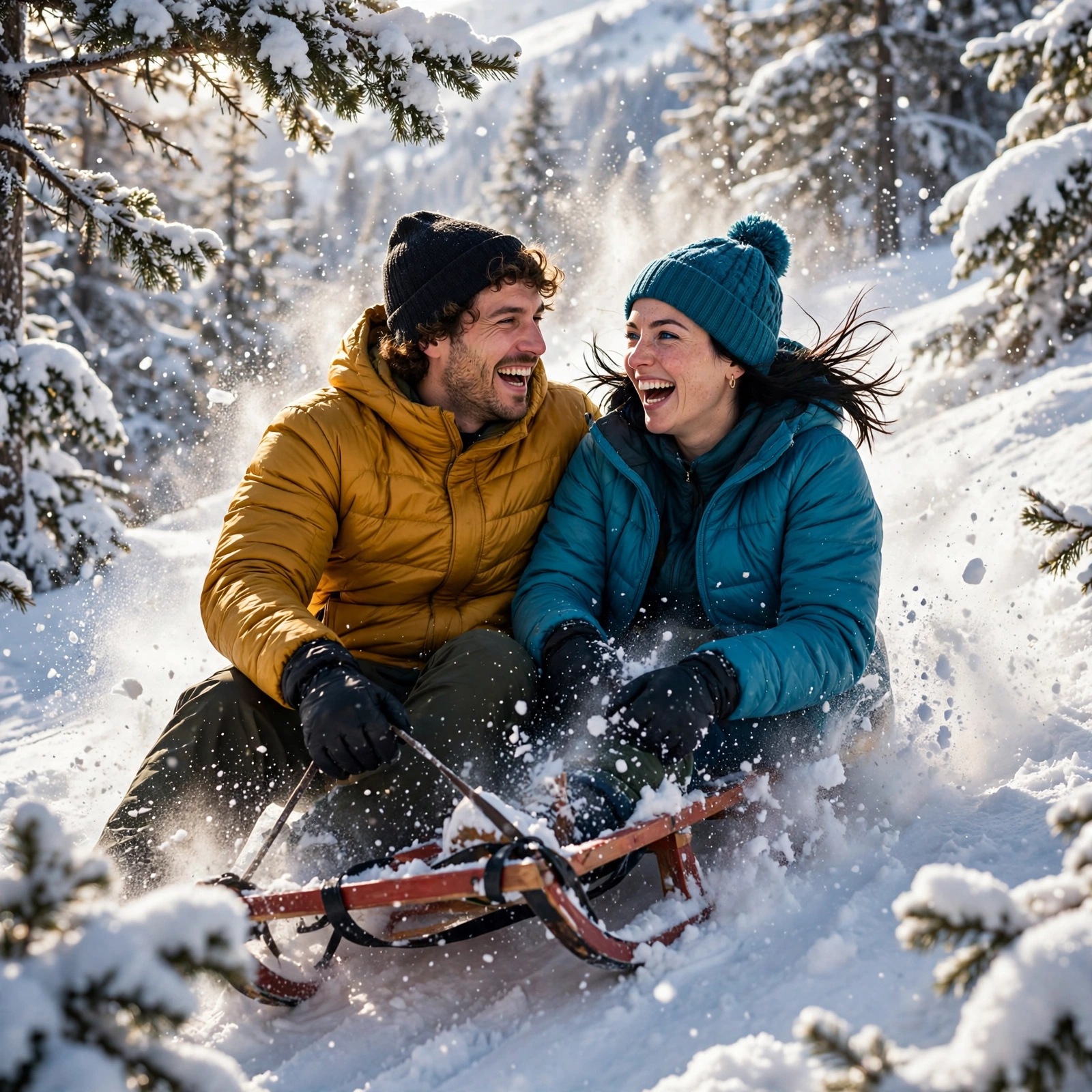 Friends Sledding Down a Snowy Hill