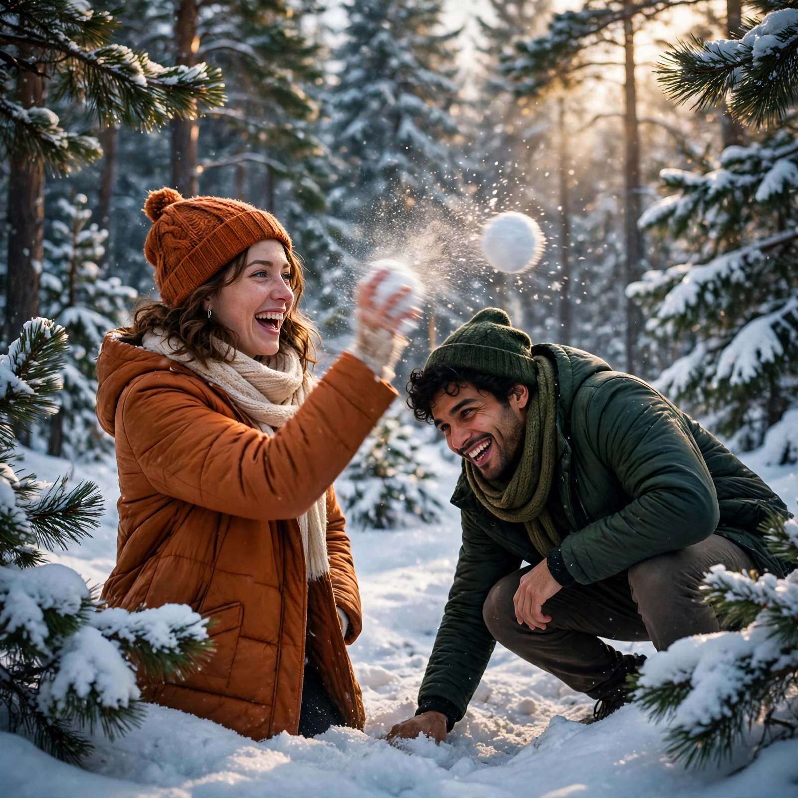 Two friends laugh through a playful snowball fight in a snowy pine forest, snowflakes sparkling in the air.