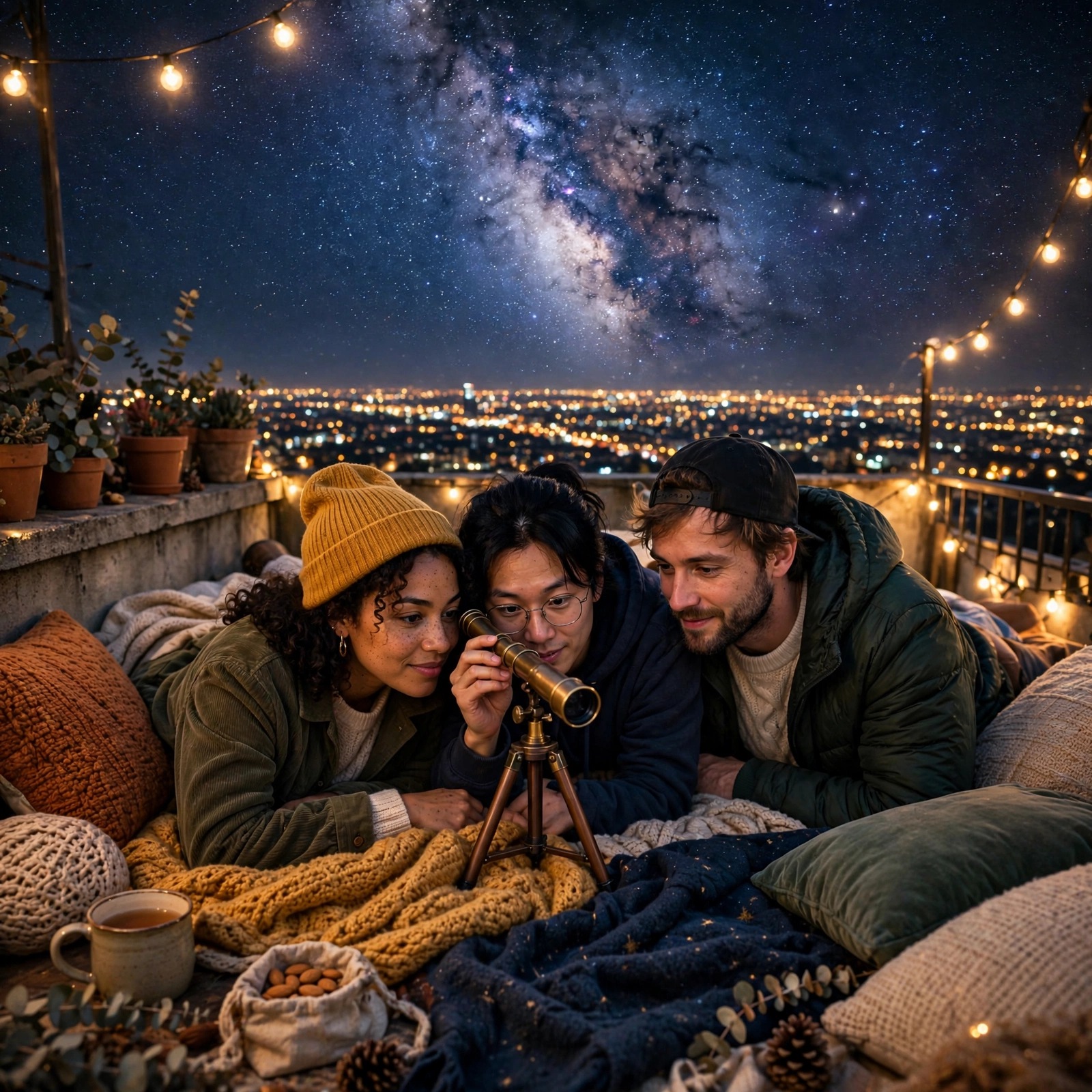 friends stargazing on rooftop at night friendship dp
