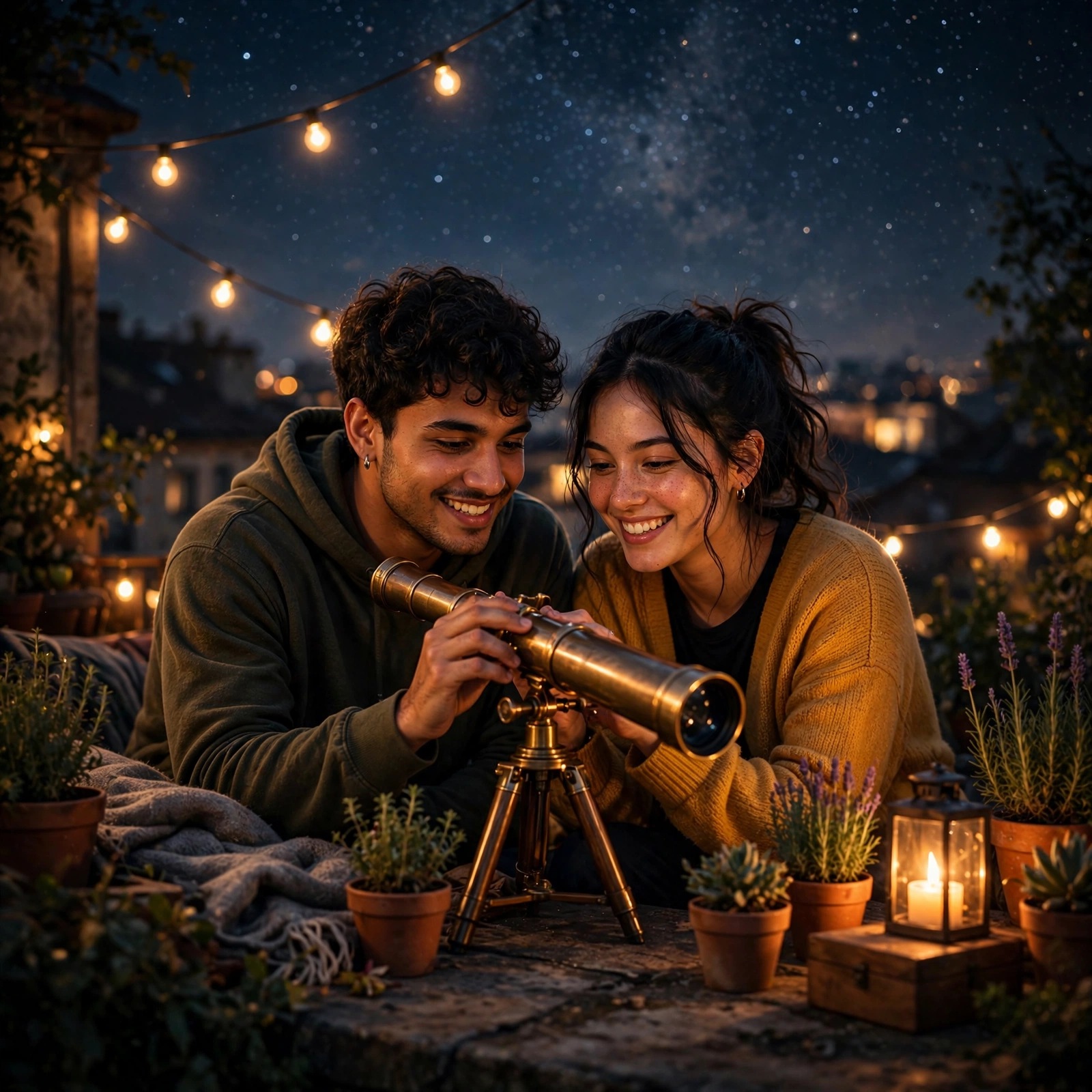 Friends Stargazing with a Rooftop Telescope
