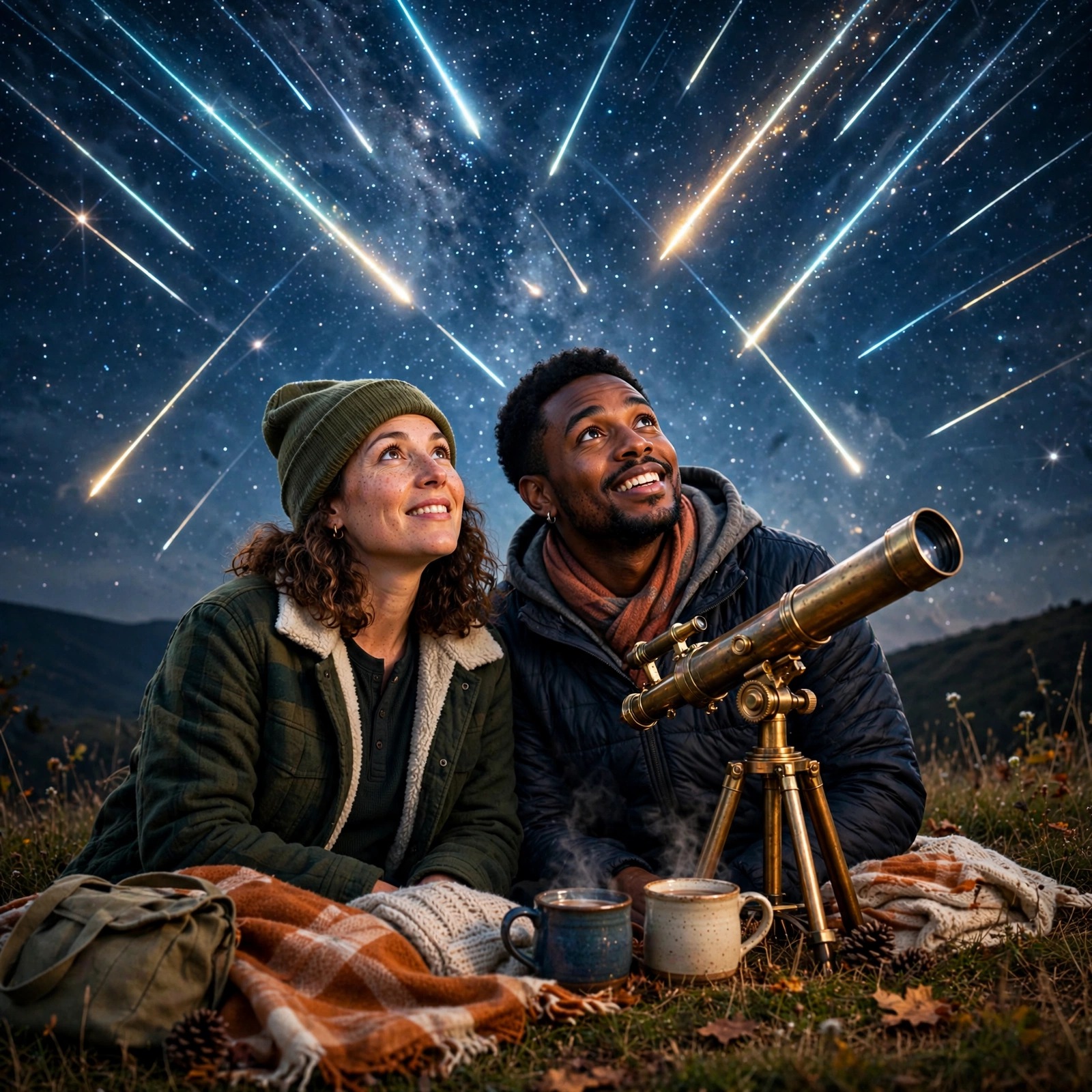 Two friends with a telescope watching a meteor shower on a hilltop