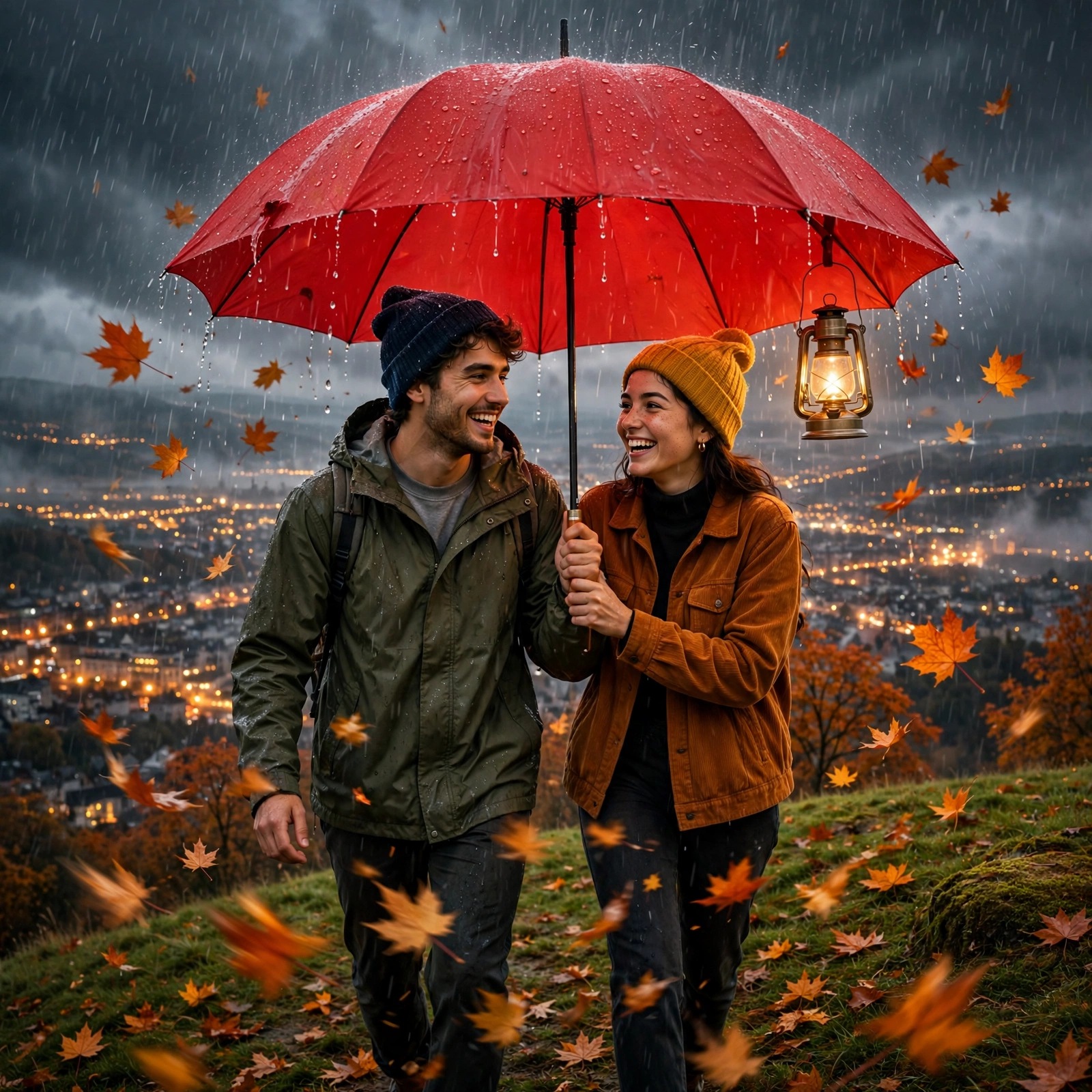 Two friends sharing a red umbrella in autumn rain with city lights below, friendship DP