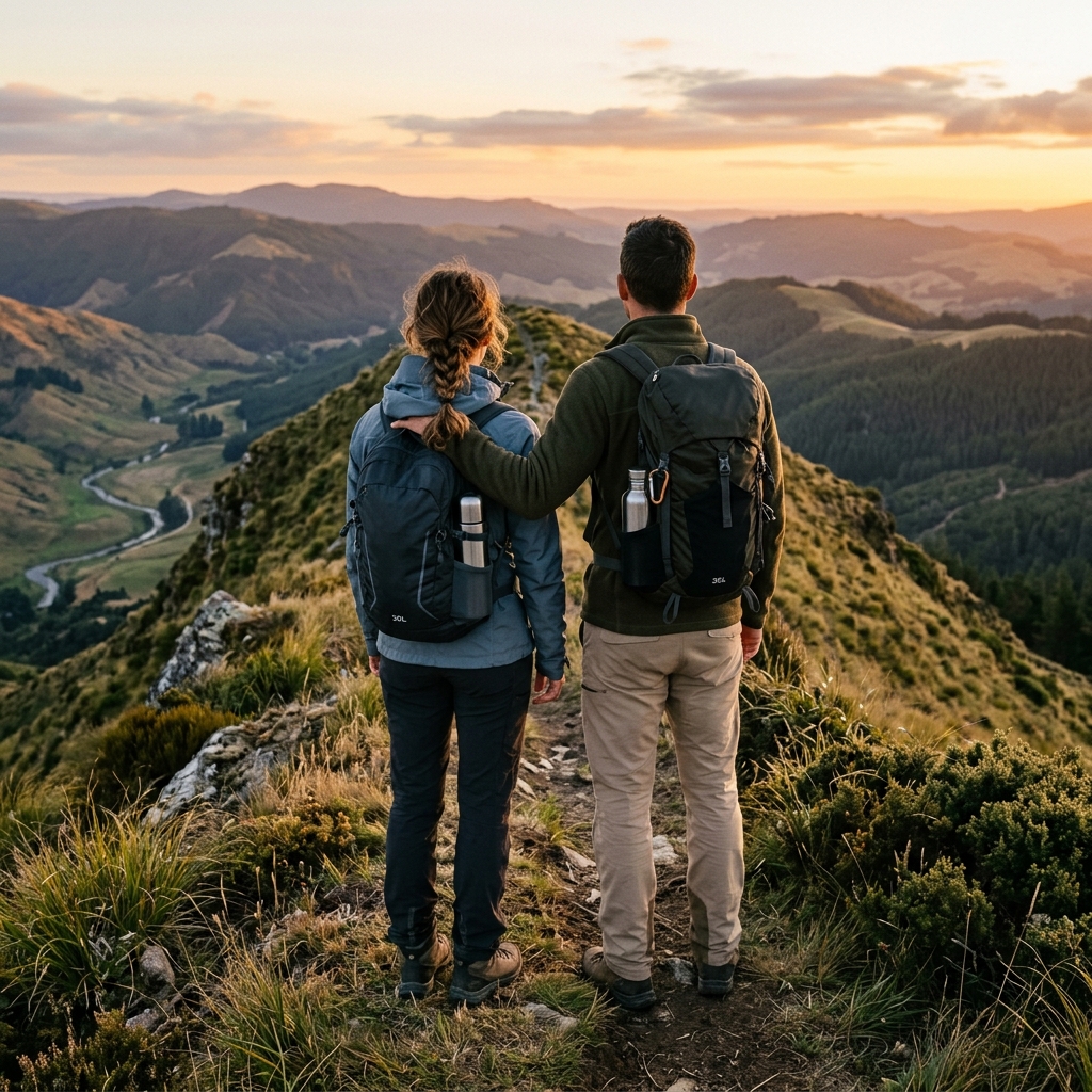Two hiking friends look over rolling hills in warm sunrise light