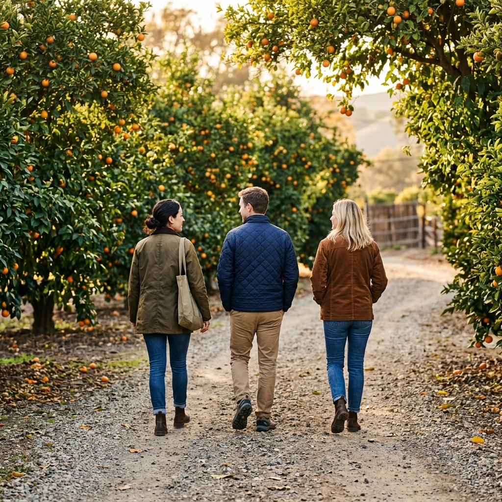 Three friends walk beneath orange-leaved trees on an autumn path