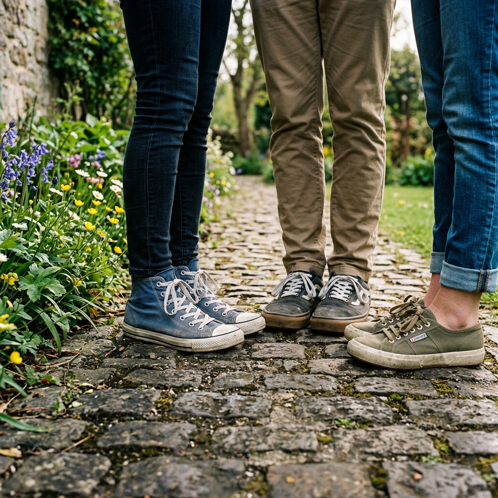 Three friends wear different canvas sneakers on a cobbled garden path