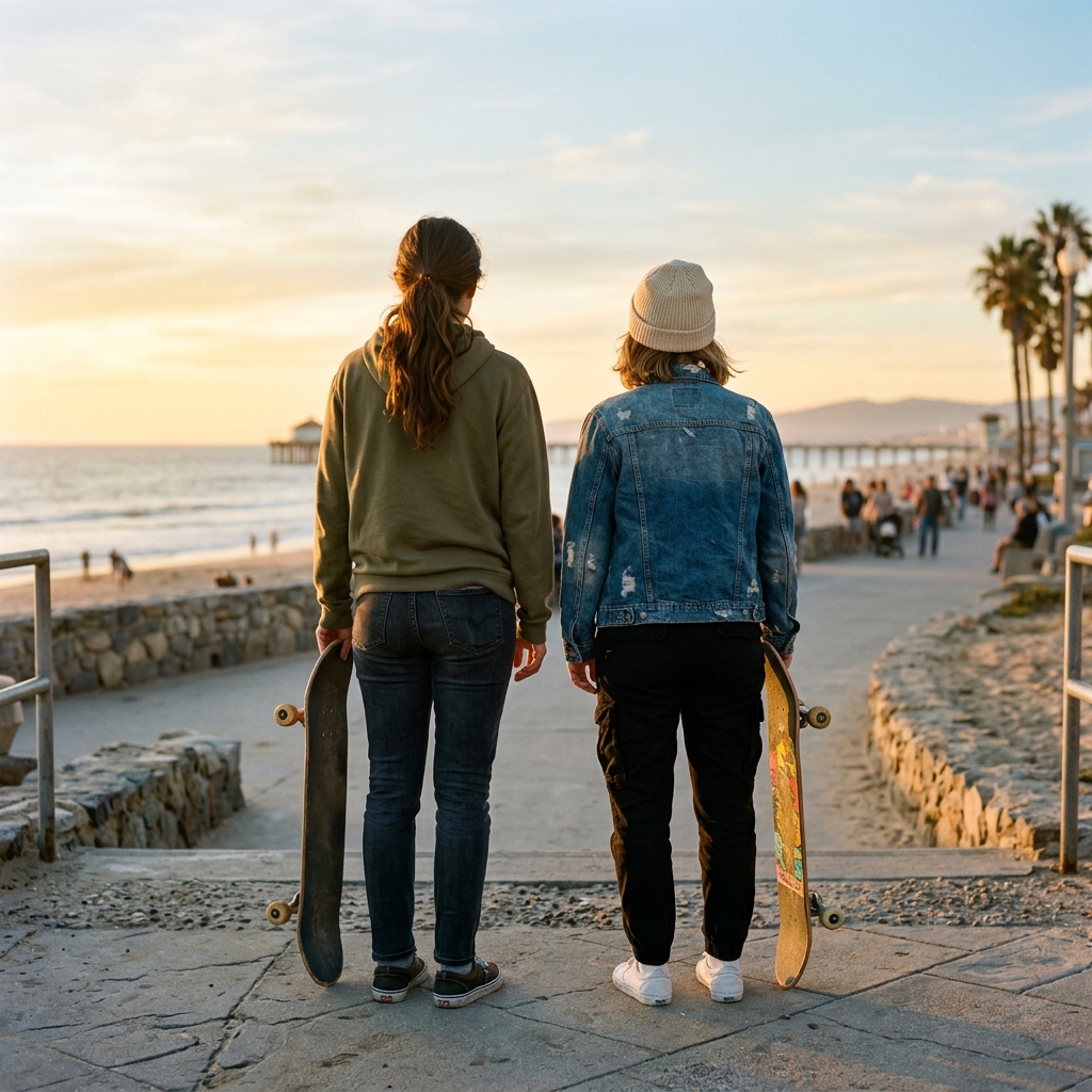 Two friends hold skateboards on a coastal promenade at golden hour