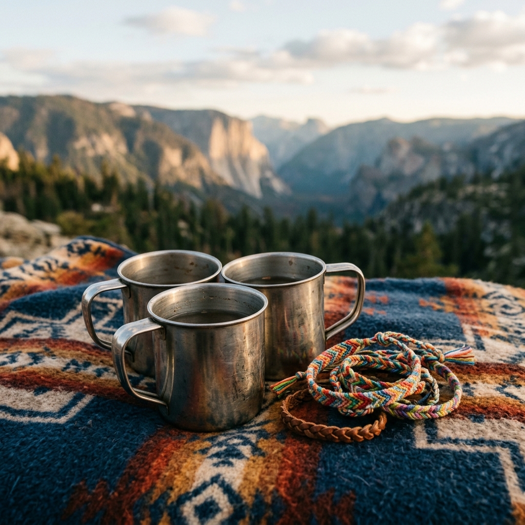 Three camping cups and woven bracelets rest on a blanket above a mountain valley