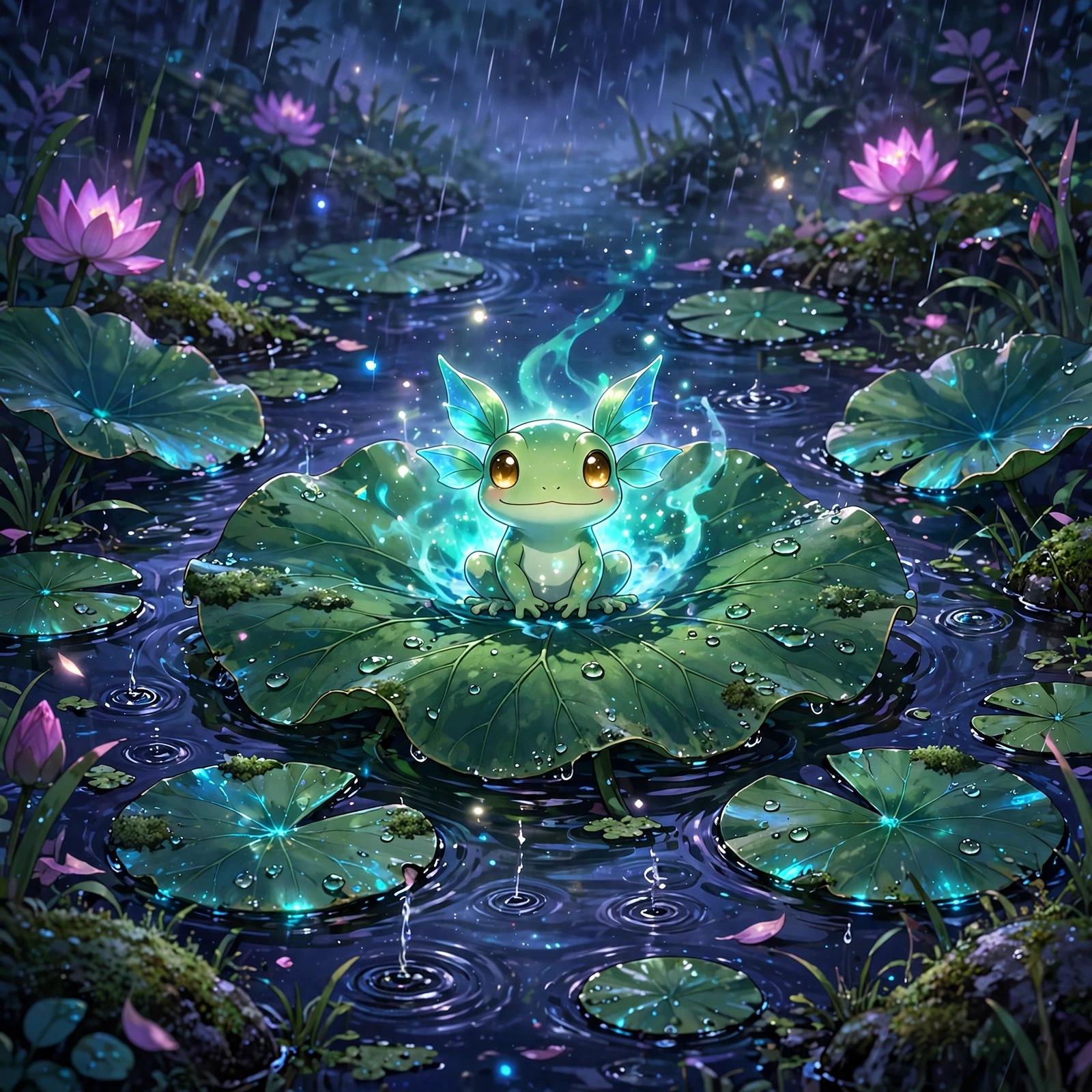 Anime frog spirit sitting on a lotus leaf in a rainy pond