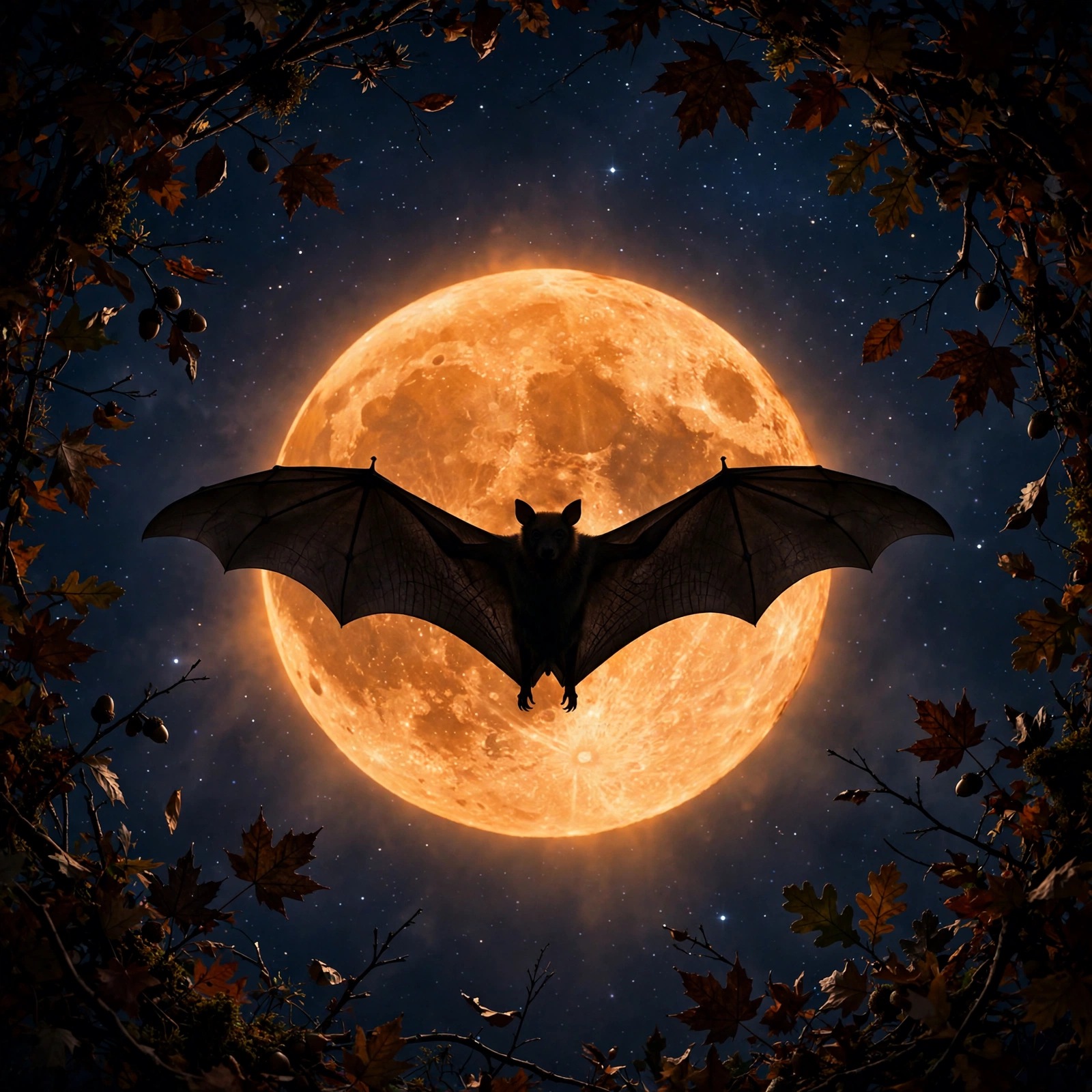 Fruit bat silhouetted against a glowing orange harvest moon with autumn leaves, square animal DP