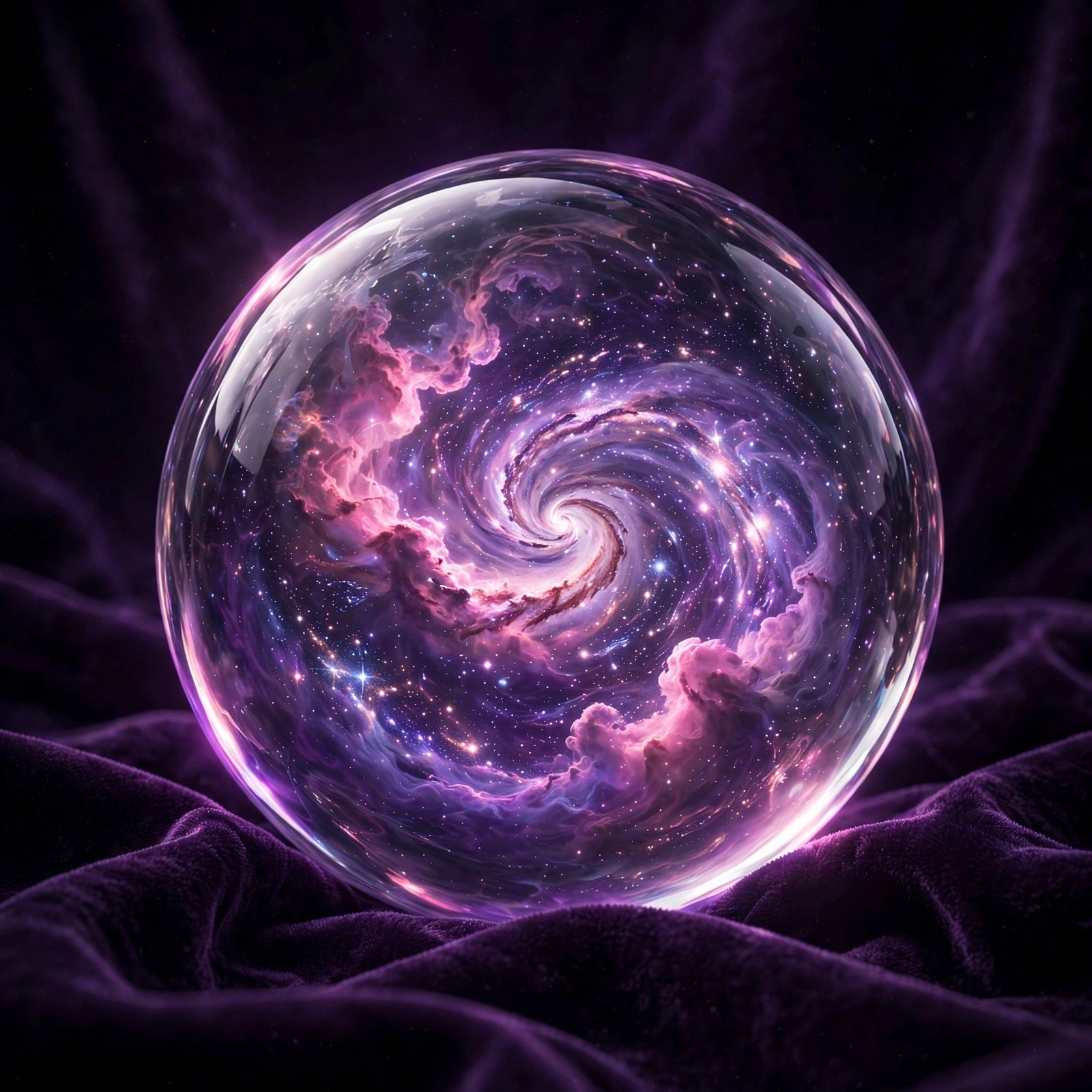 Crystal ball with miniature galaxy inside on dark velvet, aesthetic DP
