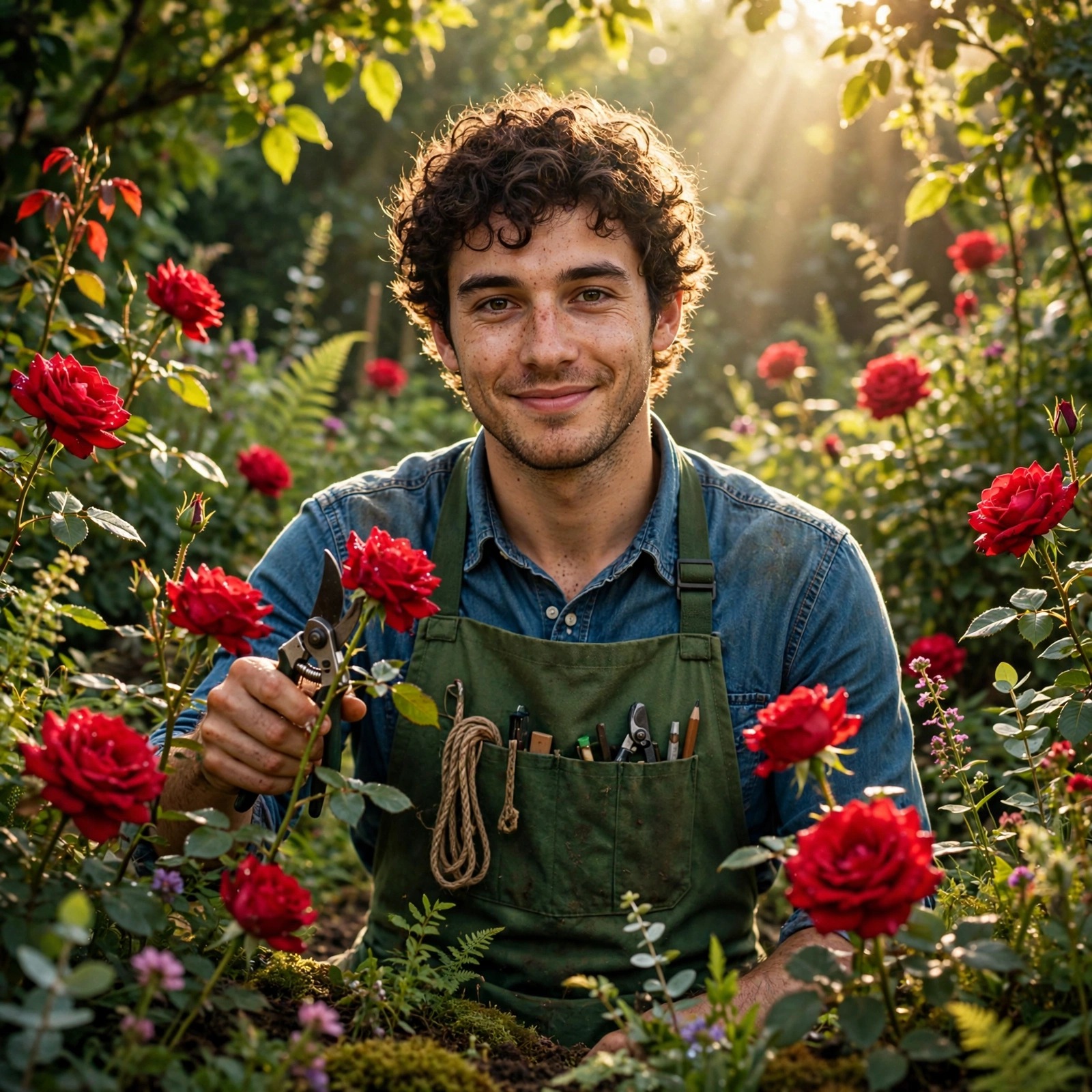 fictional adult young man gardener pruning roses in a botanical garden boys dp