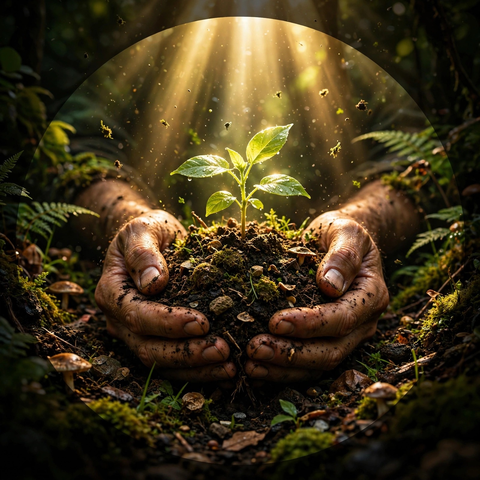 Hands holding seedling in sunlight