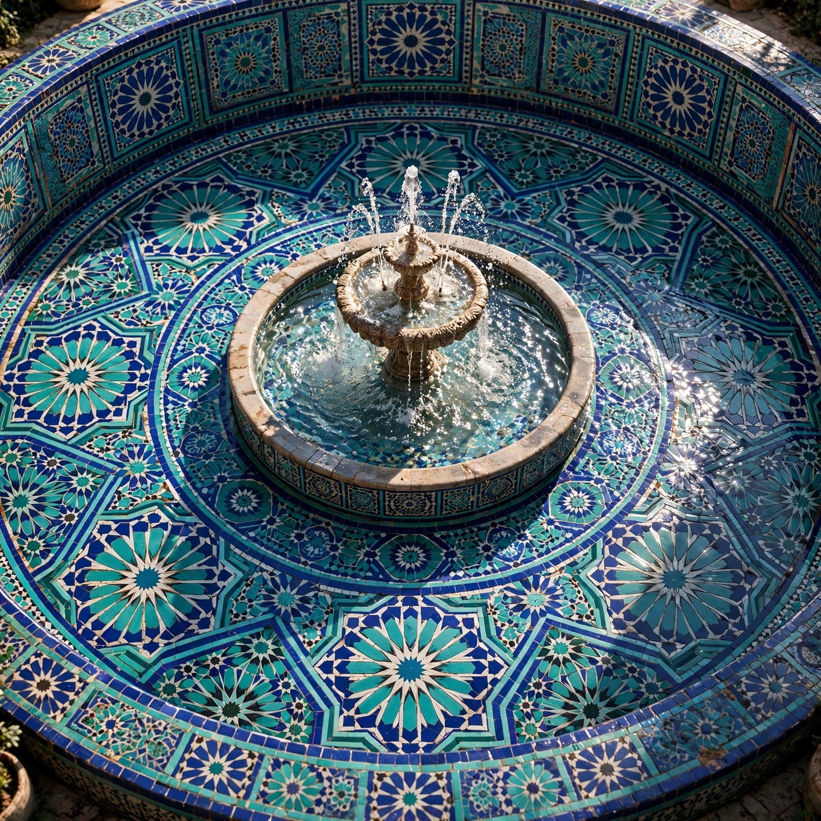 Geometric star tiles around a sparkling fountain